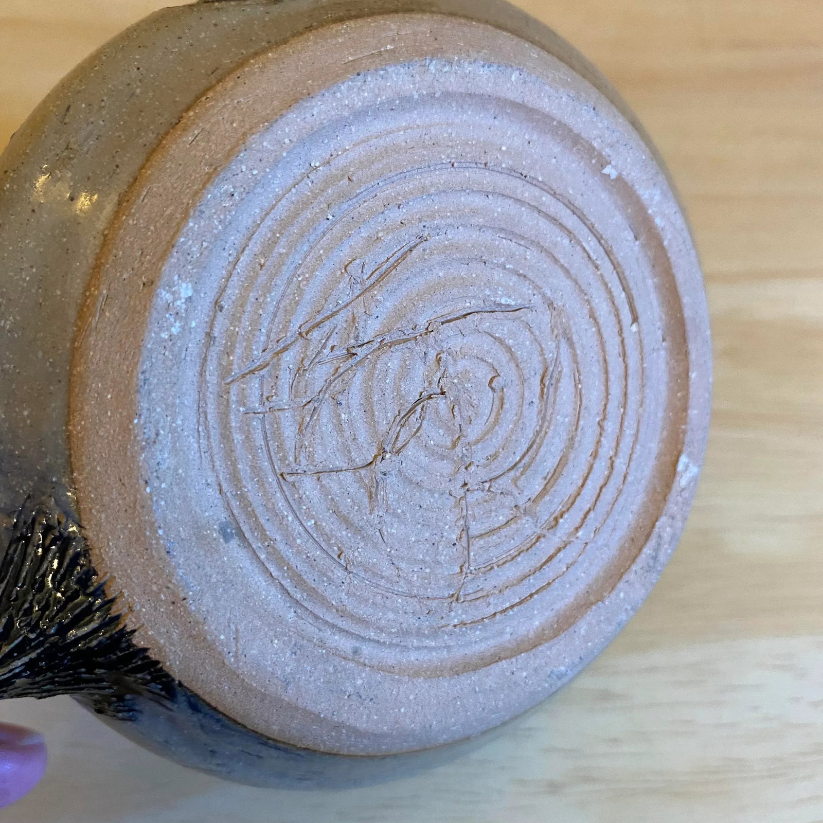 Hand Thrown Signed Gray & Blue Studio Art Pottery Foot Print Mug Basket Weave Design Handle - 9
