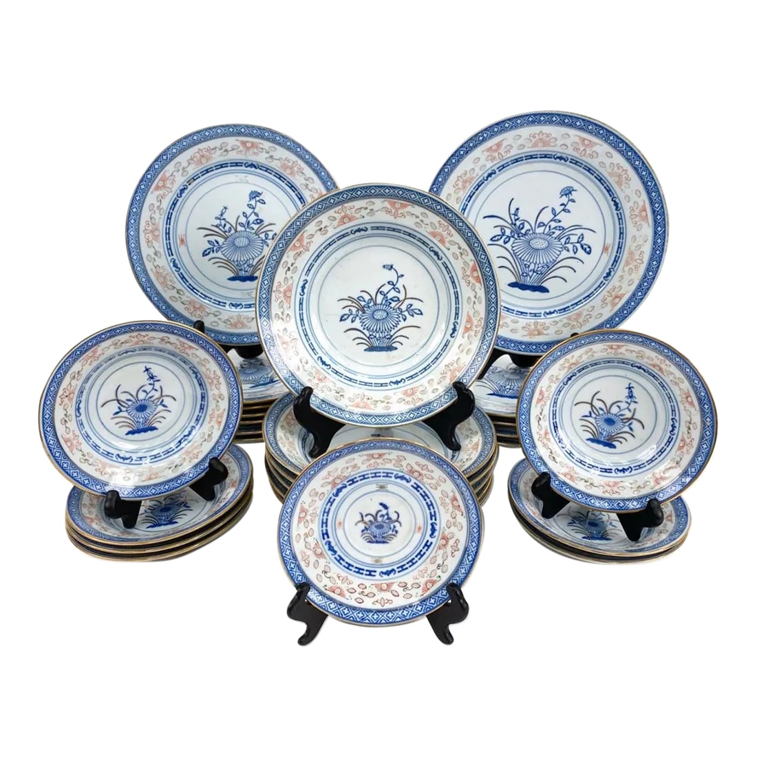 Vintage Chinese Export-Style Porcelain Grouping- 26 Pieces: Contemporary Chinese Export-style porcelain plates. Marked underneath. Dimensions: (Largest plate) Dia. 10" Condition: Wear consistent with normal use. Condition: Alterations: Unknown Imperfections: