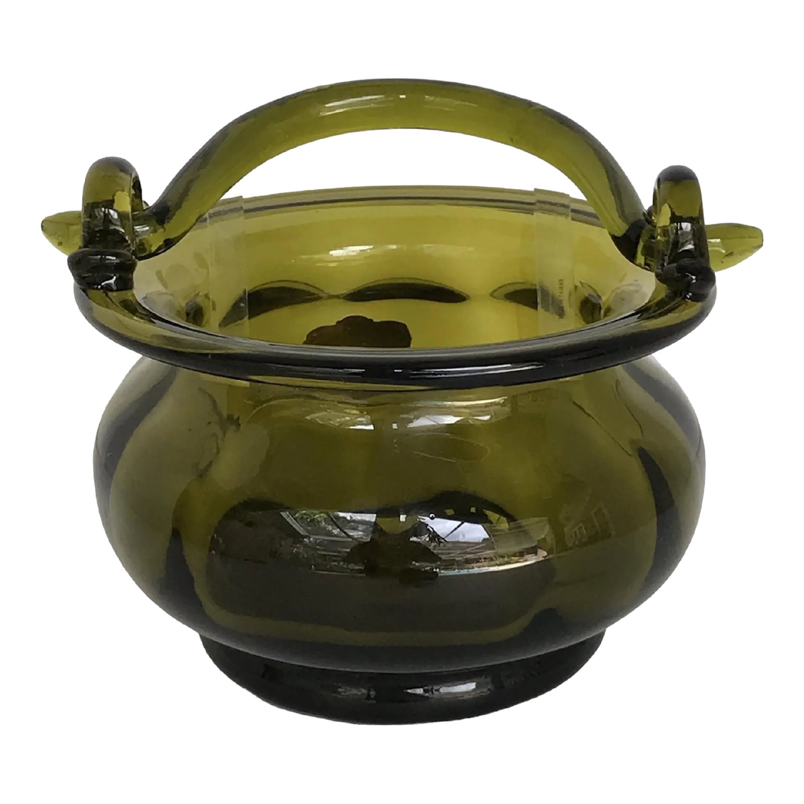Mid Century Florentine Art Glassworks Handmade Glass Basket W. Handle Italy 1960s: Italian Mid Century hand-made olive Green glass basket with handle made by Florentine Art Glassworks in the 1950s. The vessel has an undulating body and the handle is secured by 2 glass holders on the
