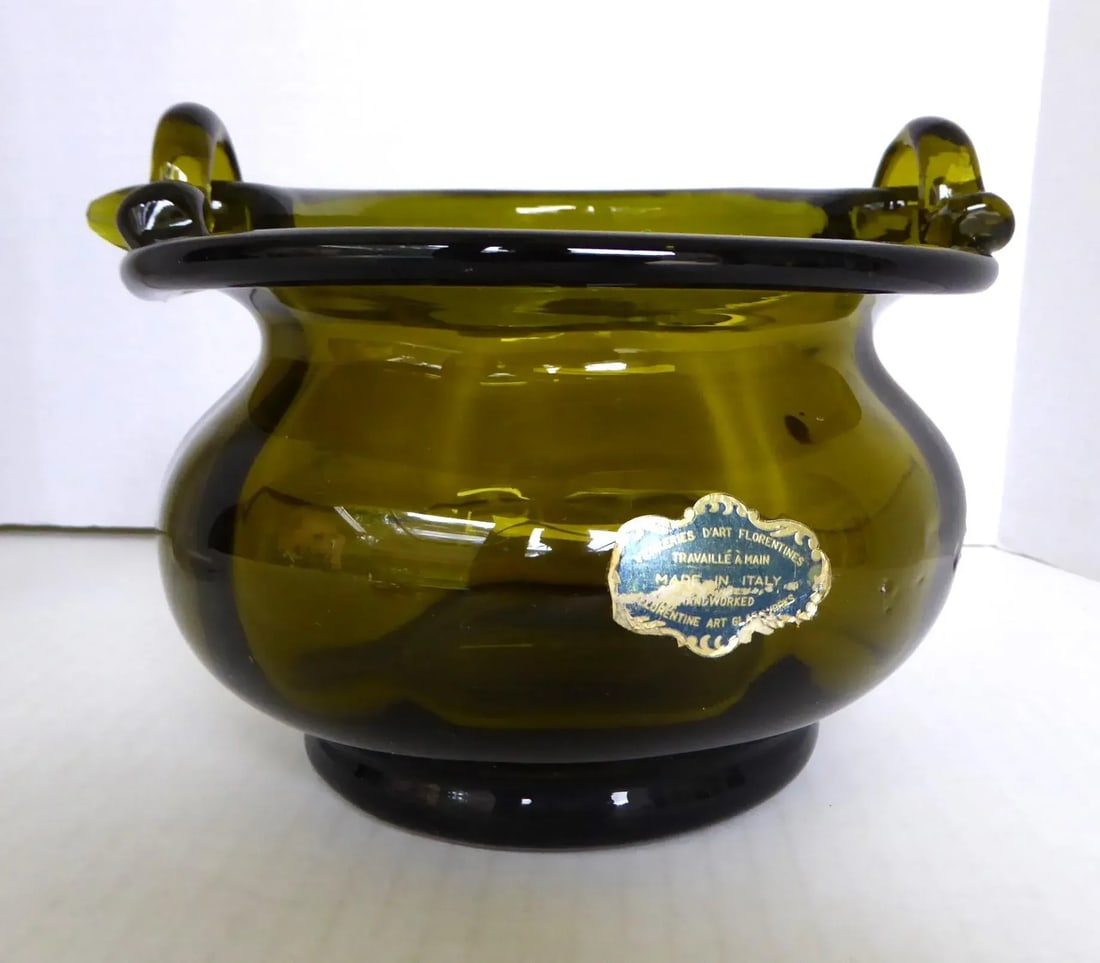 Mid Century Florentine Art Glassworks Handmade Glass Basket W. Handle Italy 1960s - 2