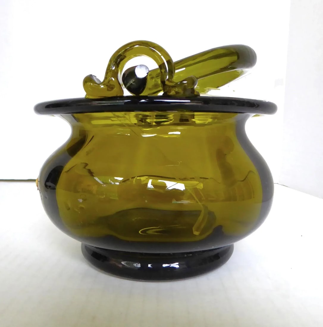 Mid Century Florentine Art Glassworks Handmade Glass Basket W. Handle Italy 1960s - 6