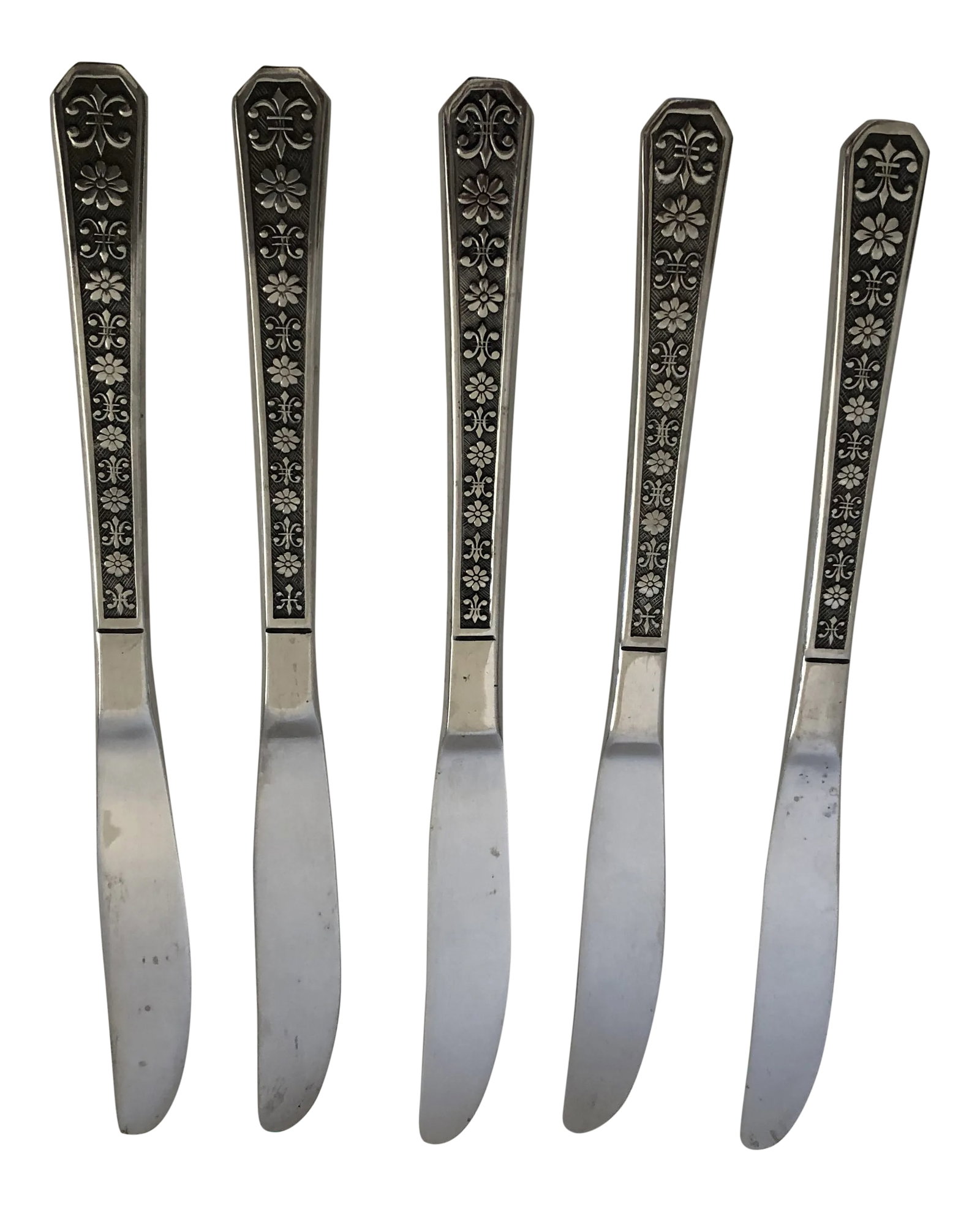 Midcentury French Style Stainless Dinner Knives S/5: Midcentury French Style Stainless Set Of Five Dinner Knives, No Makers Mark , Very Good Condition. 8.75"L Condition: Alterations: Original Condition Unaltered Imperfections: Some Imperfections Conditi