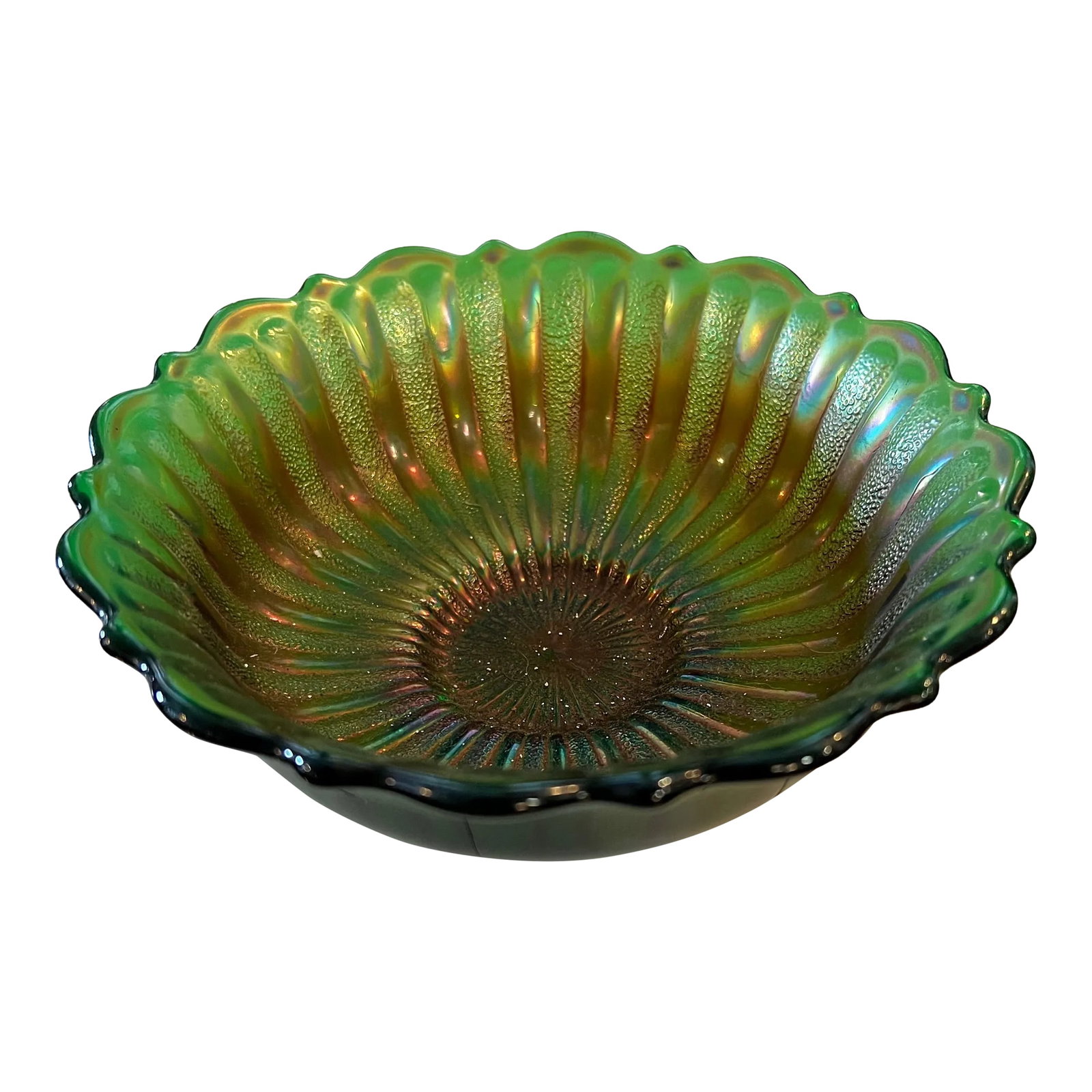 Mid Century Fenton Style Green Carnival Glass Bowl: Vintage Fenton style with no markings. Stipple Ray Carnival glass . Condition: Alterations: Original Condition Unaltered Imperfections: Some Imperfections Condition Notes: No chips or cracks. Excellen