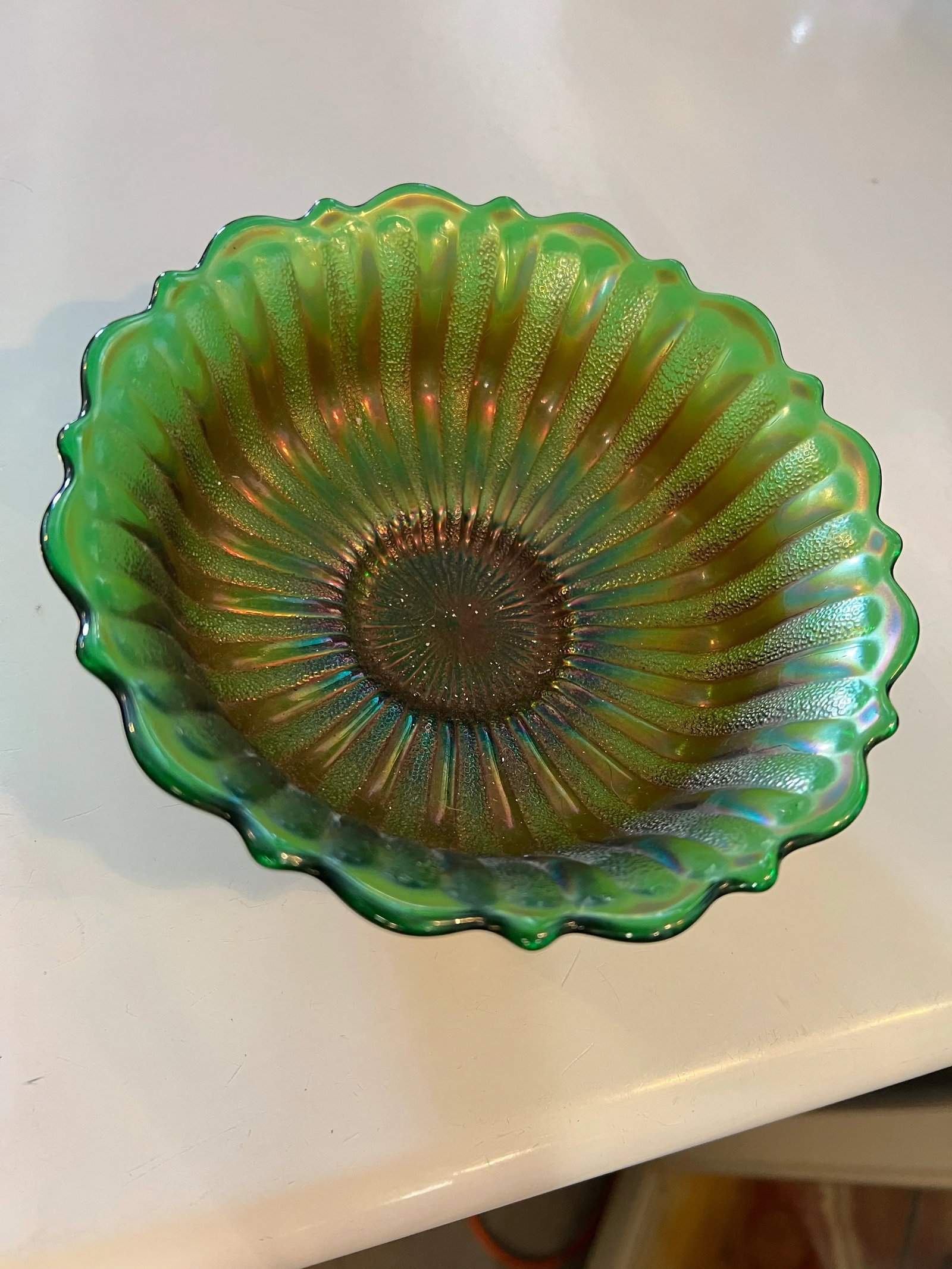 Mid Century Fenton Style Green Carnival Glass Bowl - 2