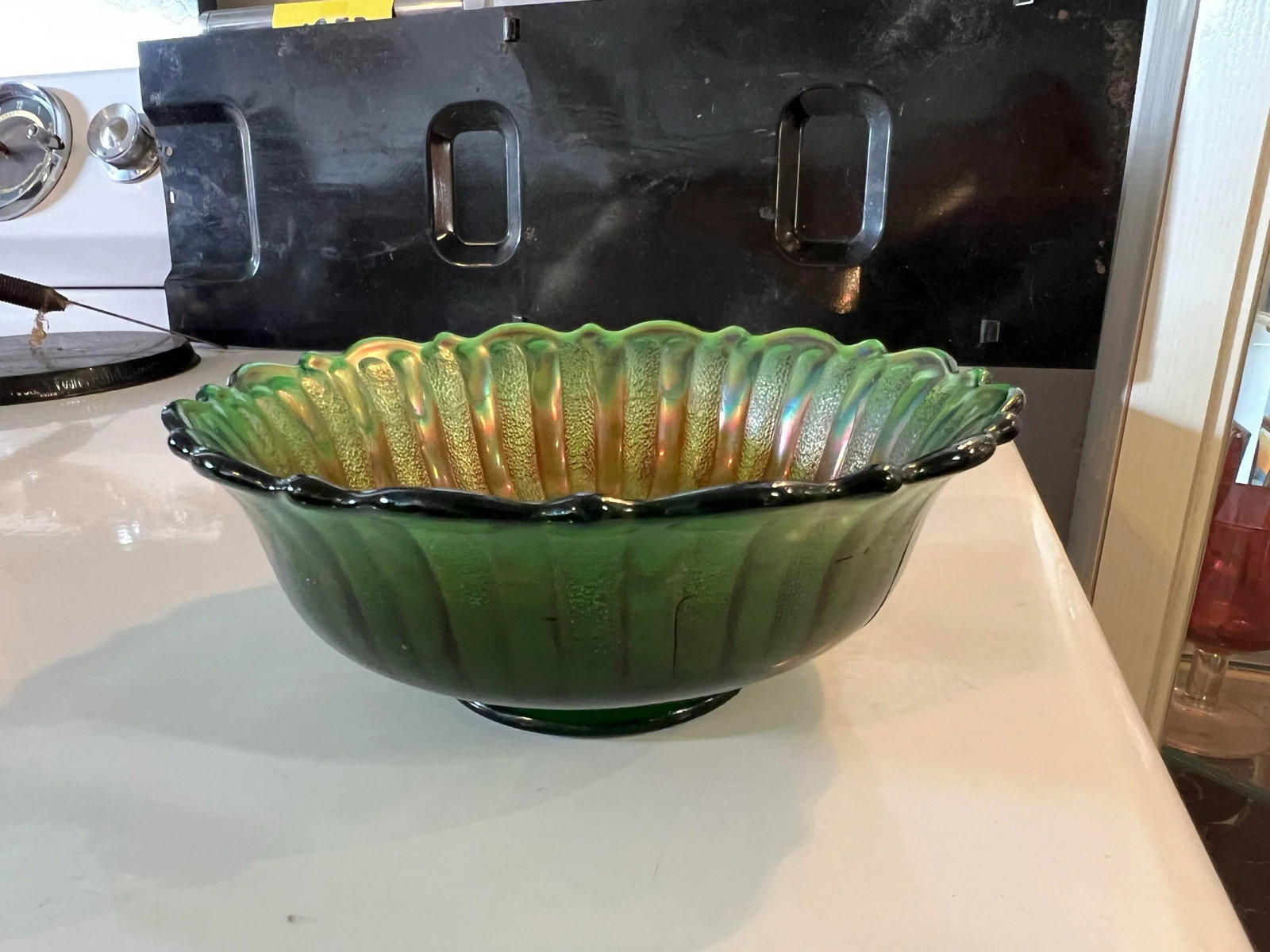 Mid Century Fenton Style Green Carnival Glass Bowl - 3