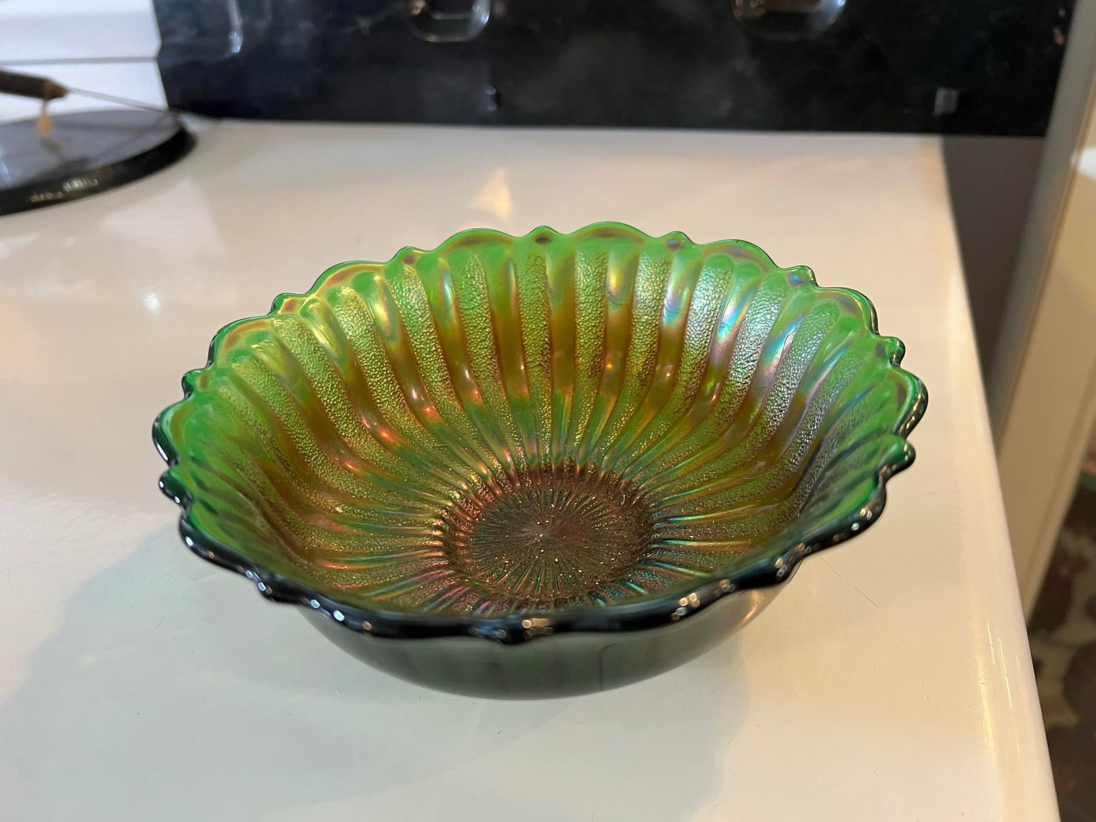 Mid Century Fenton Style Green Carnival Glass Bowl - 4