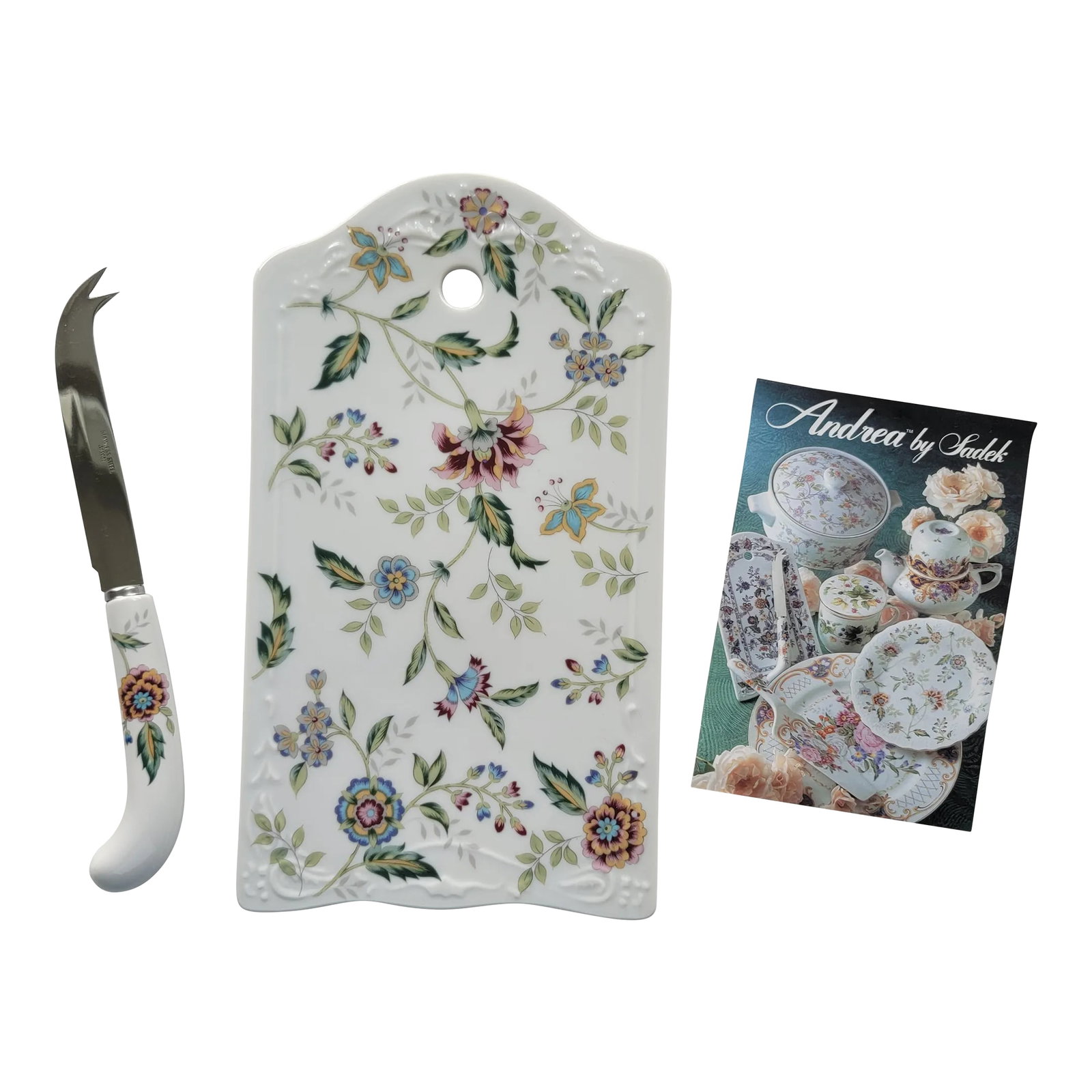 Floral Chinoiserie Cheese Set: Porcelain Cheese Serving Plate with matching Knife Beautiful Buckingham Floral pattern Cheese and Cracker Board Very nice condition No Chips No Cracks Discontinued piece so grab it now. Condition: Alt