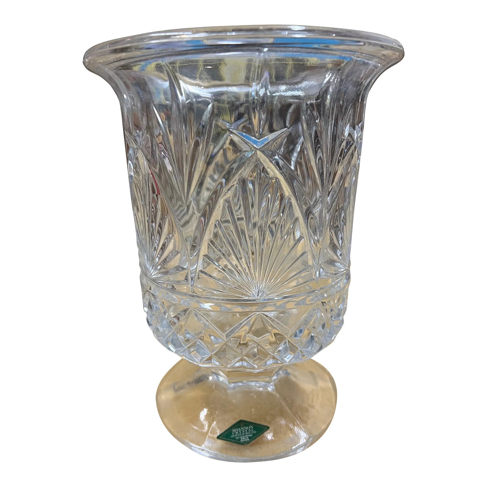 Vintage Pedestal Hurricane Crystal Vase by Shannon in Ireland: This beautiful crystal vase from Shannon Designs of Ireland is a true masterpiece. This traditional-style vase is perfect for any home decor Vintage large cut glass hurricane vase, vessels or candle
