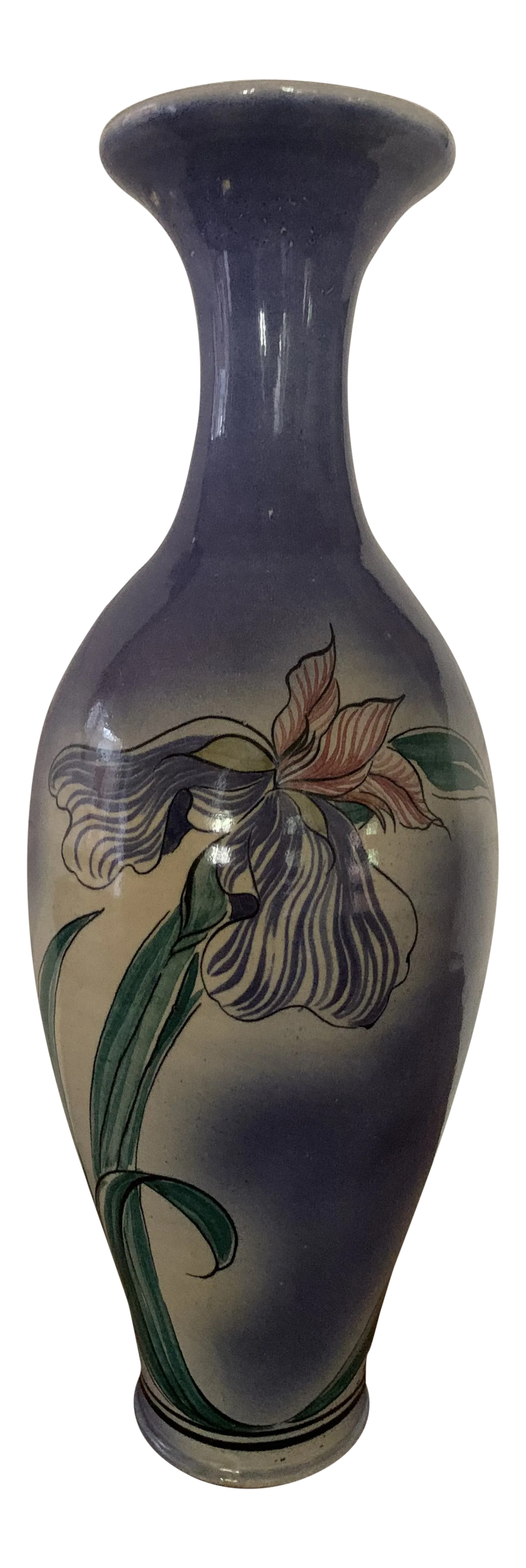 Vintage Ceramic Vase, Signed: Tall, elegant vintage ceramic vase with hand-painted iris in shades of lilac, green and blue. Signed near the base Gaenta (?). Some pitting on the neck and under the lip. Otherwise in excellent