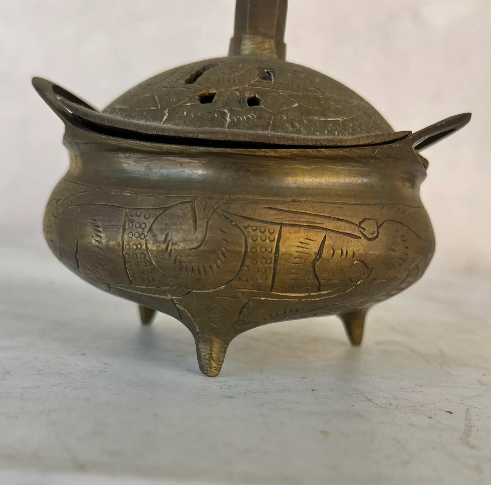 Vintage Chinese Brass Footed Incense Burner Signed - 2