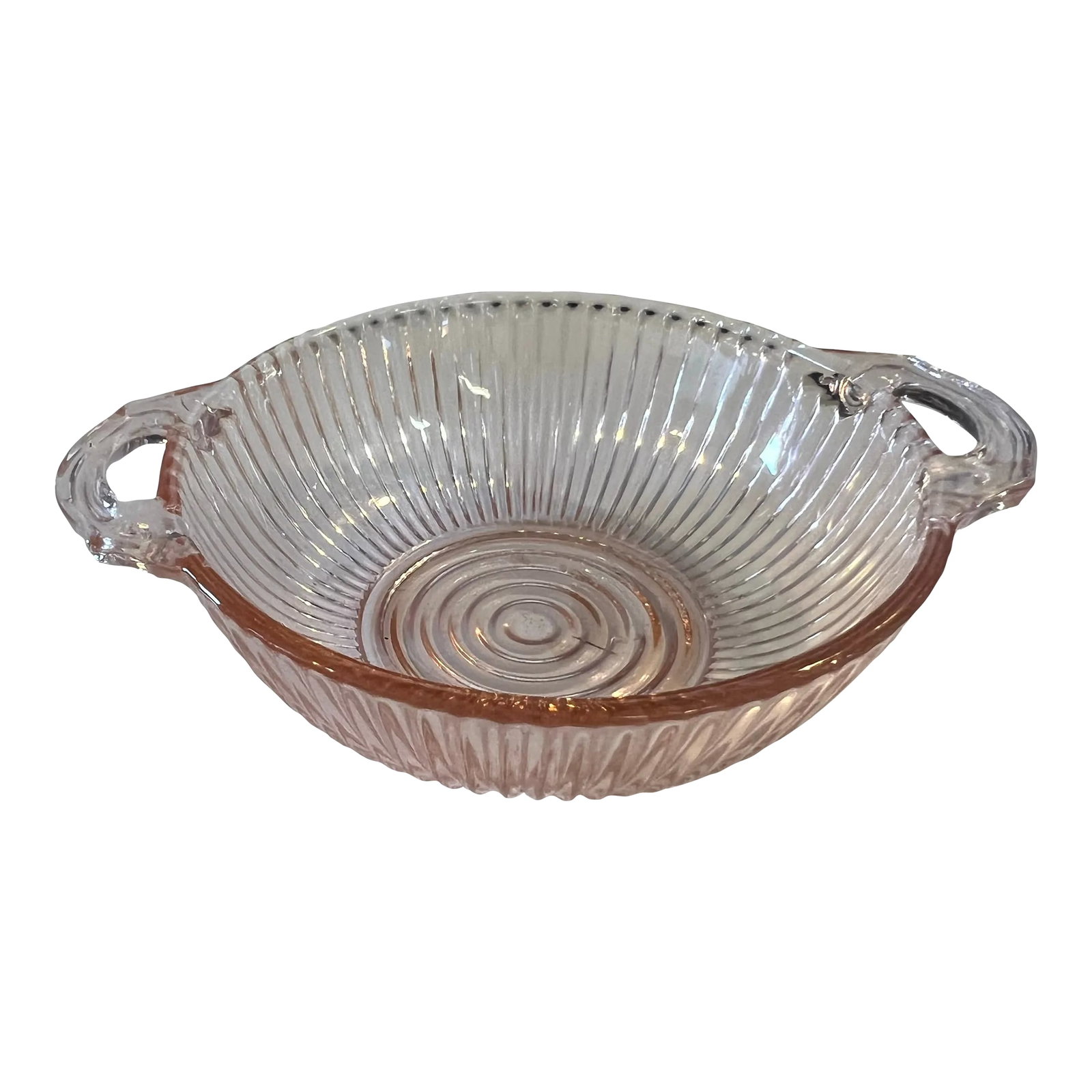 1930s Pink Anchor Hocking Queen Mary Small Bowl: Pink depression glass bowl. Queen Mary By Anchor Hocking . Ribbed glass with double open handles. Measuring 5.75" by 4.50". Stands 1.5" tall. Small Fruit, Dessert Bowl. Add this to your pink