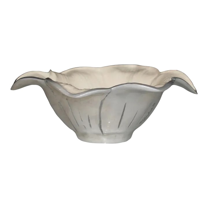 Vintage Julia Knight Collection Italian Handcrafted Lily Shaped Mother of Pearl Serving Bowl: Julia Knight Handcrafted Lily Shaped Serving Bowl This Julia Knight piece was handmade from sand-cast aluminum and a blend of enamel infused with crushed mother of pearl. It was produced by local arti