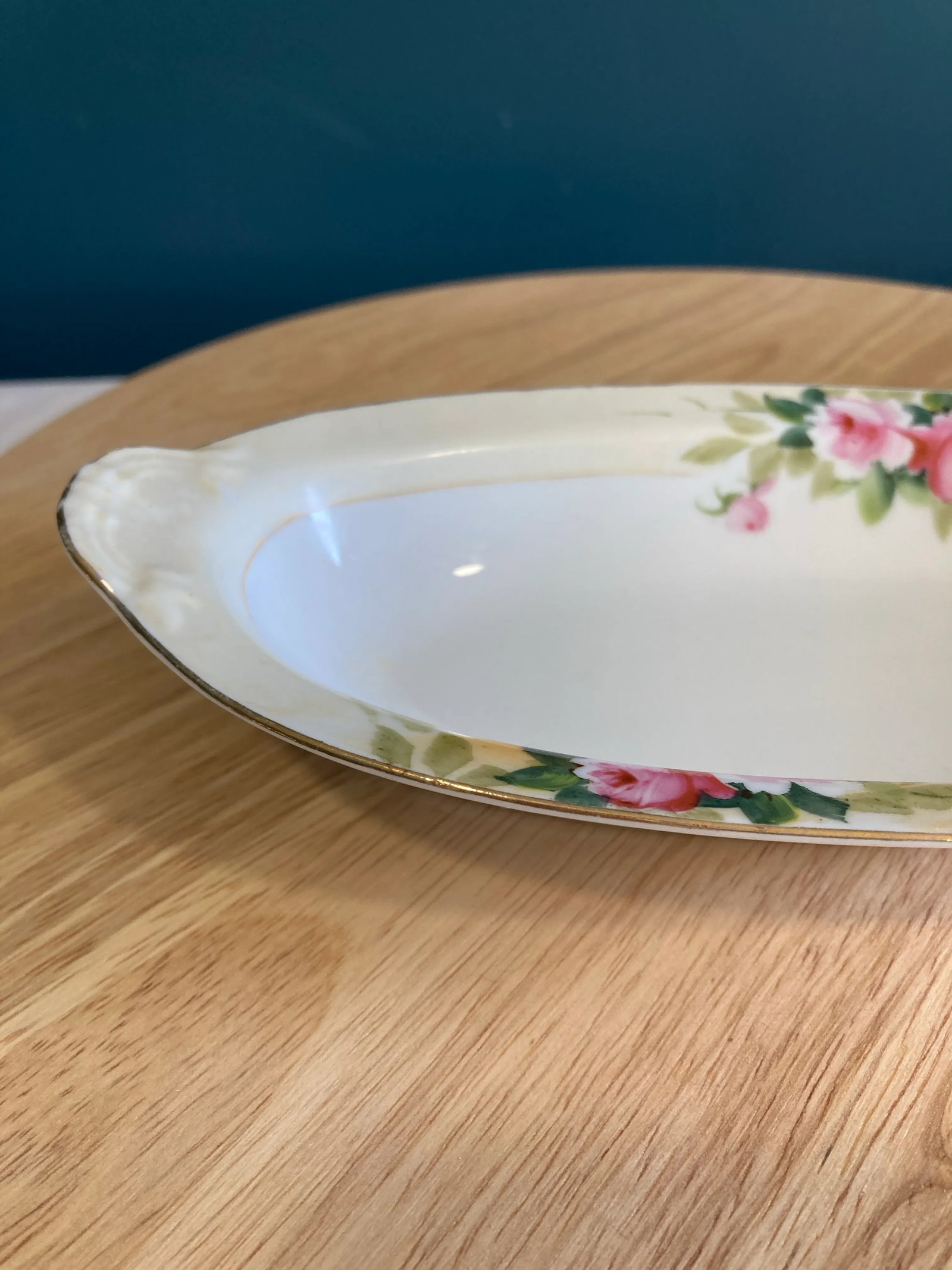 Vintage Noritake Nippon Hand-Painted Pink Rose Oval Serving Bowl - 2