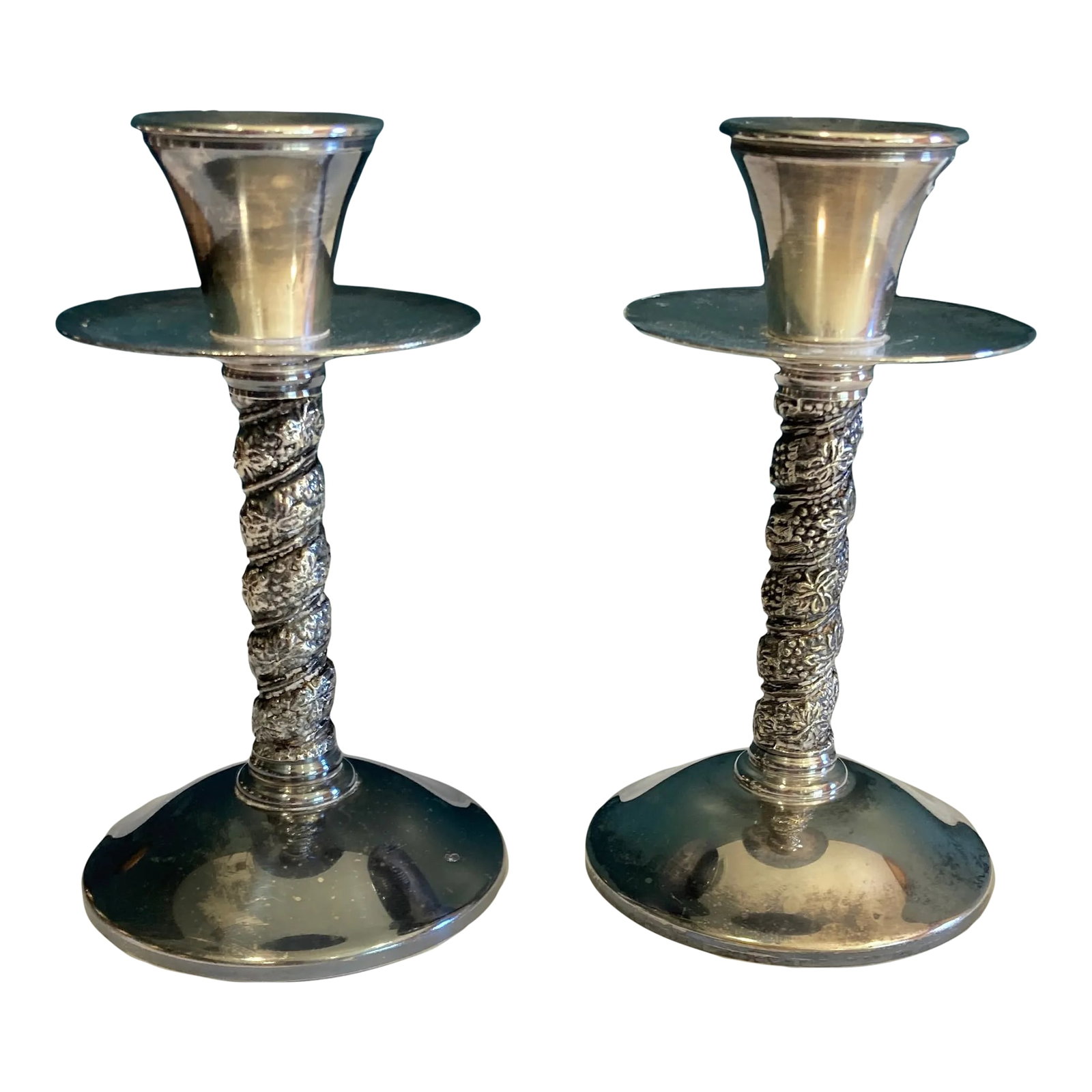 Vintage Silver Twisted Candlesticks, Set of 2: Lovely set of 2 candlesticks with twisted bases. Very pretty set made in Spain. Condition: Alterations: Original Condition Unaltered Imperfections: Some Imperfections Condition Notes: some tarnish to