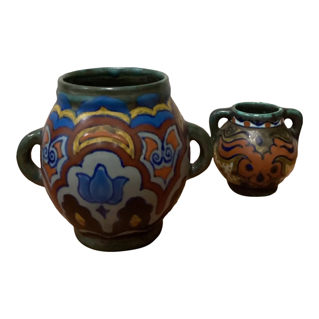 Antique Gouda Pottery Handled Vases & Pots Set Circa 1922-1923 Holland - Set of 2: Rare Antique Gouda Pottery Handled Vases & Pots Set Circa 1922-1923 Holland Plateelbakkerij Zuid-Holland (PZH) Dutch Gouda Art Deco hand painted pottery vases dating 1922-1923. The earthenware vases