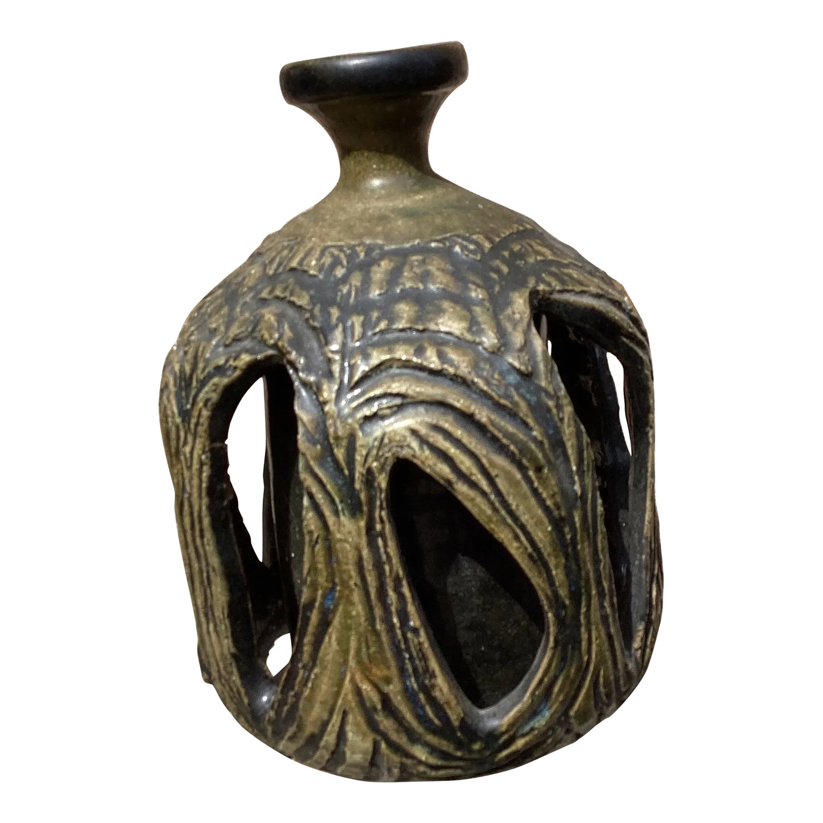 Mid-Century Modern Double Walled Handcrafted Stoneware Sculpture Vase: Georges Art Nouveau Double Walled Stoneware Sculpture Vase Excellent craftsmanship, excellent condition, excellent example of Mid-Century Modern artistry captured in stoneware. The handcrafted
