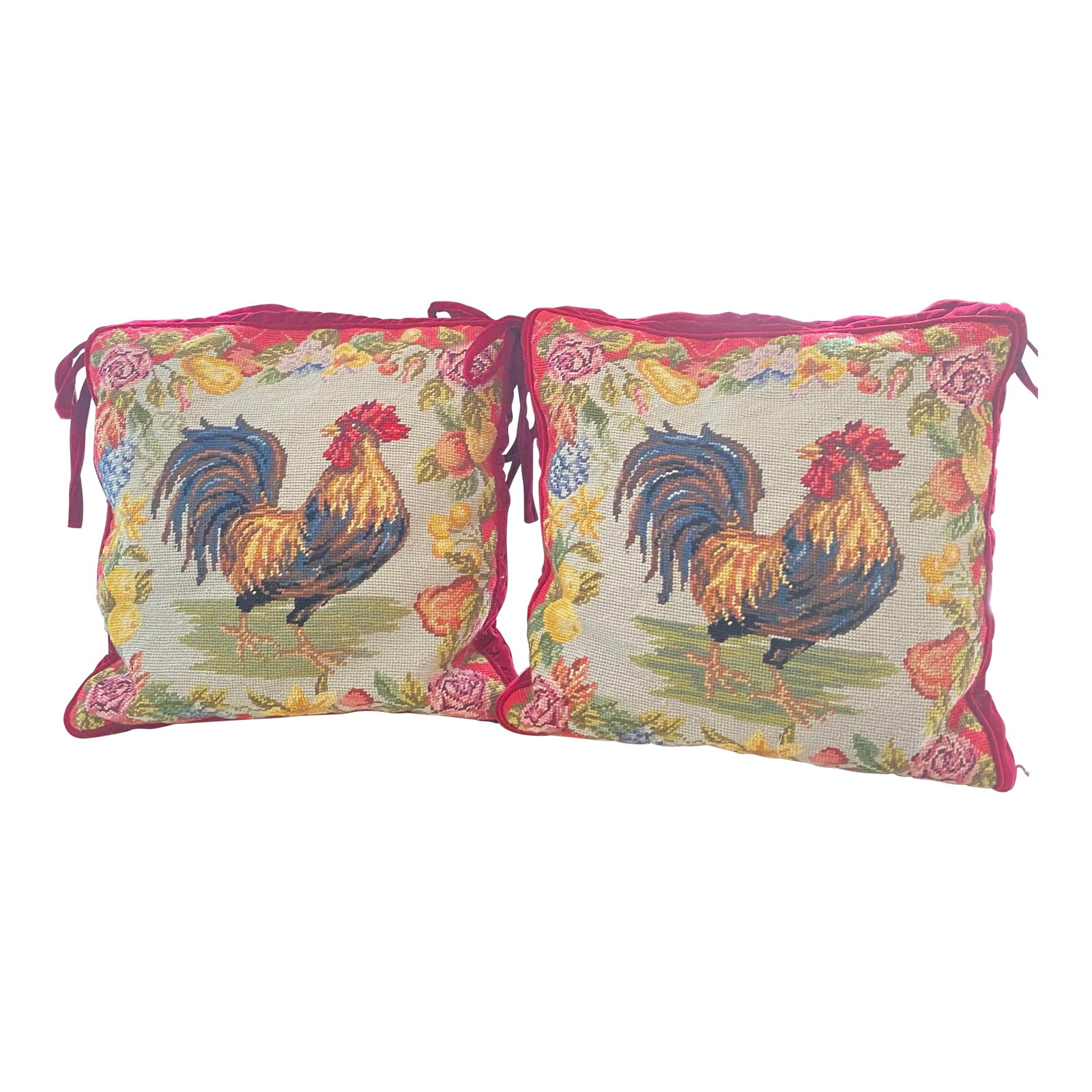 Set of 2 Needle Point Red Velvet Roosters by 123 Creations, Inc, 1980s: Stunning set of 2 decorative needle point rooster with red velvet back by 123 creation,inc In very good shape Condition: Alterations: Original Condition Unaltered Imperfections: Some Imperfections