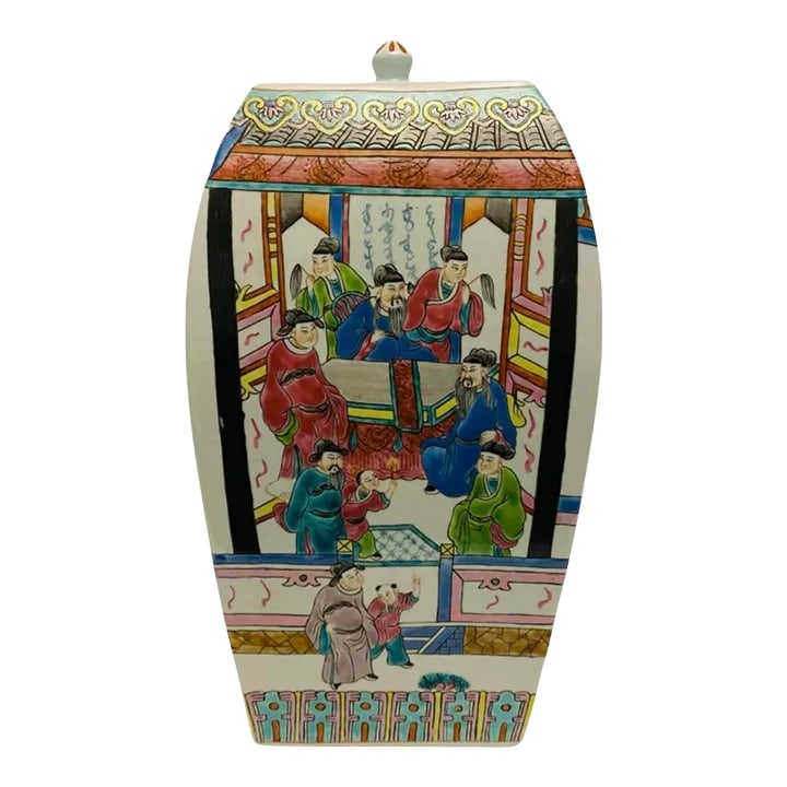 Early 20th Century Antique Asian Chinoiserie Hand Painted Porcelain Ginger Jar With Lid: Antique Asian Chinoiserie Hand Painted Porcelain 13" Ginger Jar with Lid. Estate find. Very good overall preowned condition. No chips, cracks, or repairs. Ginger jar measures approximately 7"L x 7"W