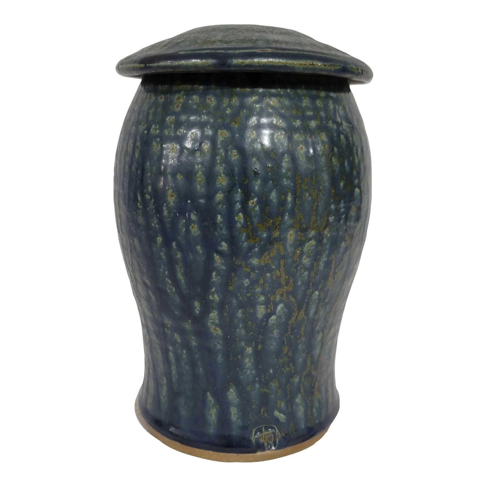Vintage Salt Glazed Studio Pottery Lidded Jar: Mid Century Studio Pottery piece. Stamped by unknown artist. The jar is formed in a mushroom-like shape with lid, layered with a blue salt glaze in a matte finish. The jar is glazed on the inside with