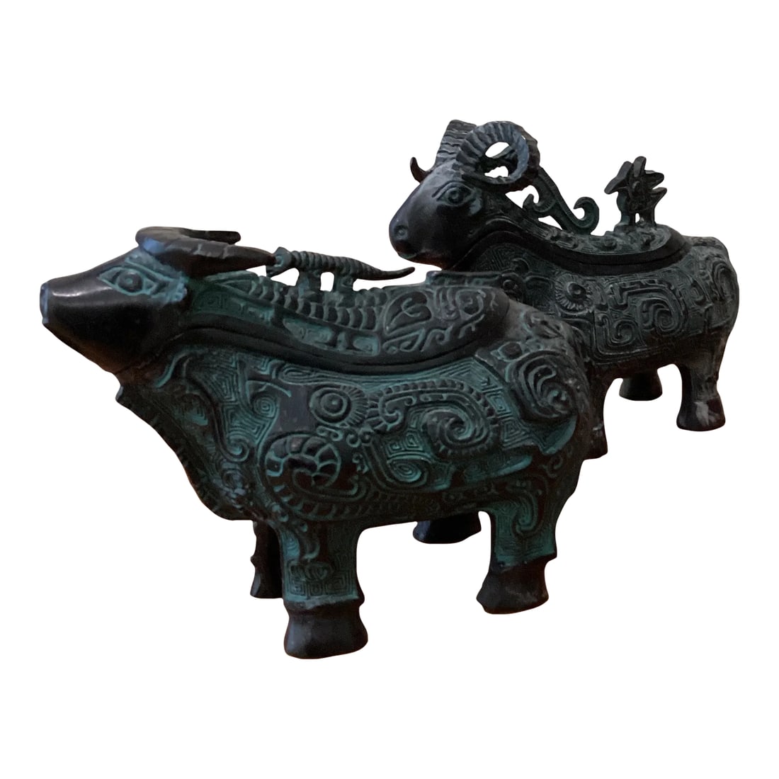 Early 19th Century Reproduction of Highly Important and Pair of Bronze Ritual Ram-Form Wine Vessels: High quality replica of Anique Highly Important and Extremely Rare Pair of Bronze Ritual Ram-Form Wine Vessels Gong from Shang dynasty. The animals is cast standing foursquare and fitted with an