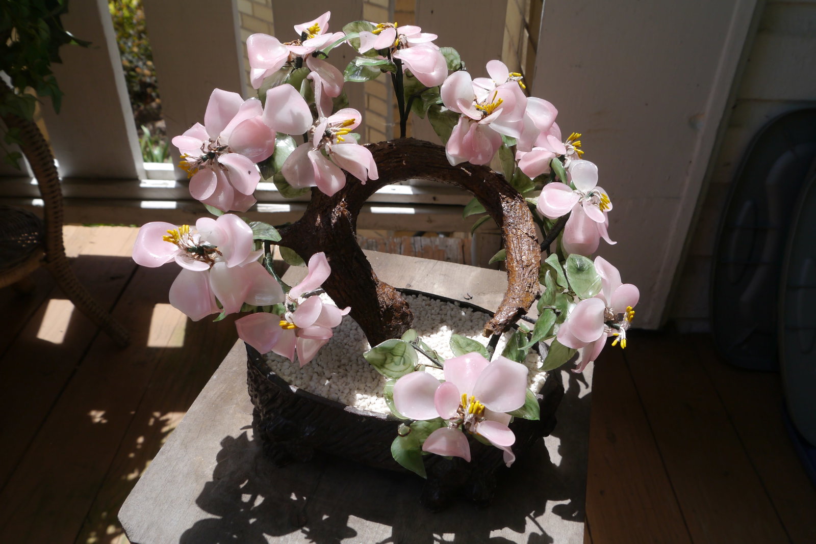 Vintage Asian Chinese Japanese Art Glass Agate Bonsai Tree Pot Flowers Jade Dogwood - 12