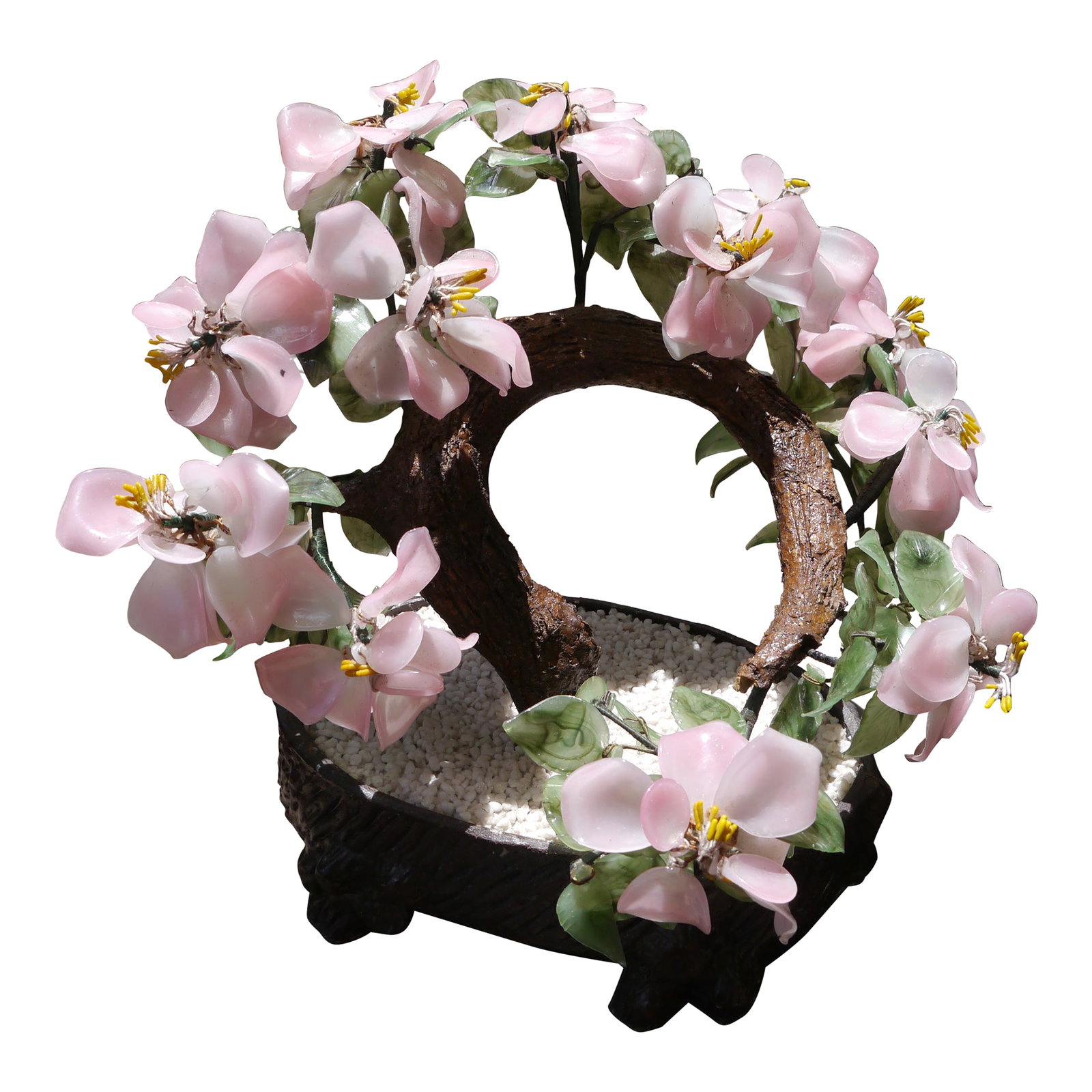 Vintage Asian Chinese Japanese Art Glass Agate Bonsai Tree Pot Flowers Jade Dogwood: Vintage Asian Japanese Chinese Jade Agate Glass Flowering Bonsai Tree With a Footed Pot. Looks like a pink dogwood! Approximately 10.5"T x 13"W x 10"D. Each flower is about 3" across. Good pre-owned c