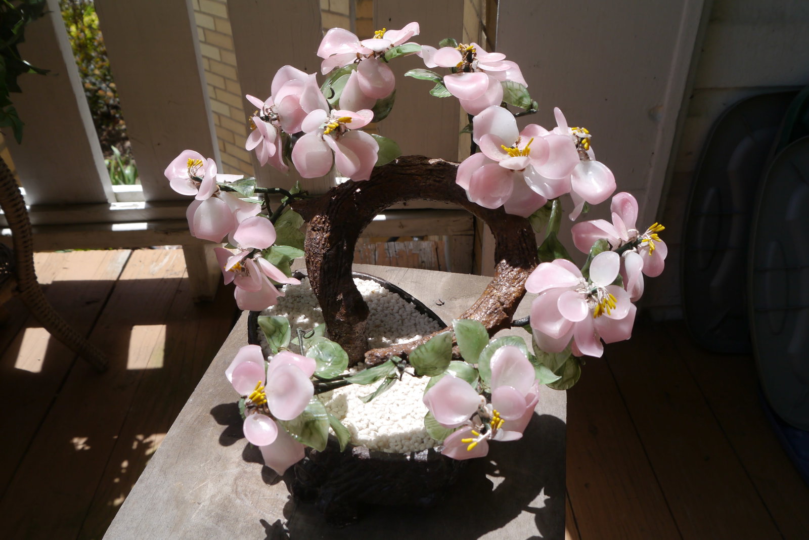 Vintage Asian Chinese Japanese Art Glass Agate Bonsai Tree Pot Flowers Jade Dogwood - 2