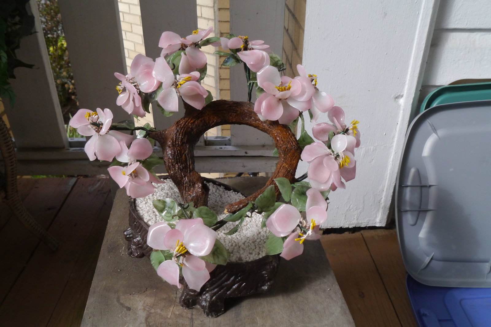 Vintage Asian Chinese Japanese Art Glass Agate Bonsai Tree Pot Flowers Jade Dogwood - 4