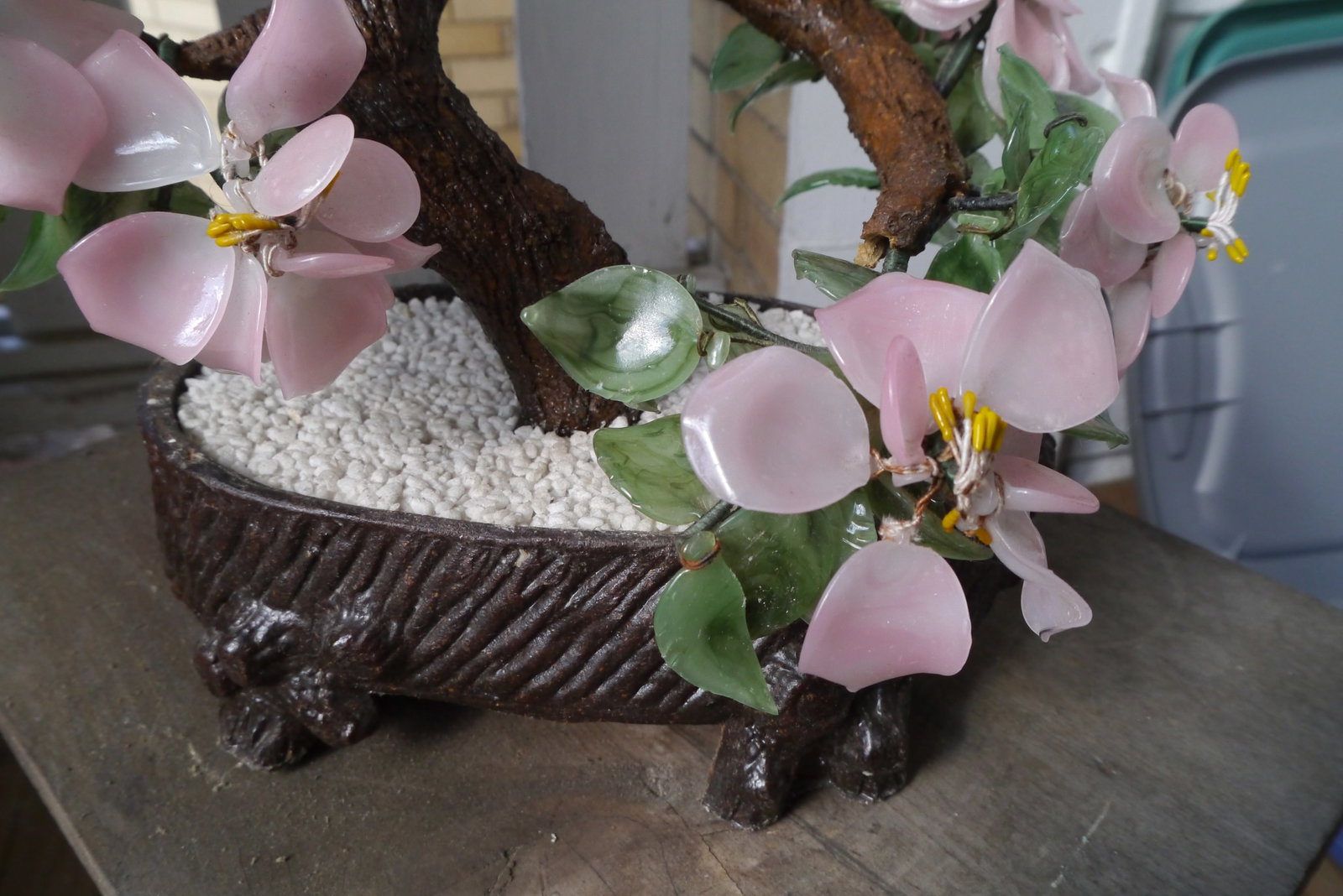Vintage Asian Chinese Japanese Art Glass Agate Bonsai Tree Pot Flowers Jade Dogwood - 5