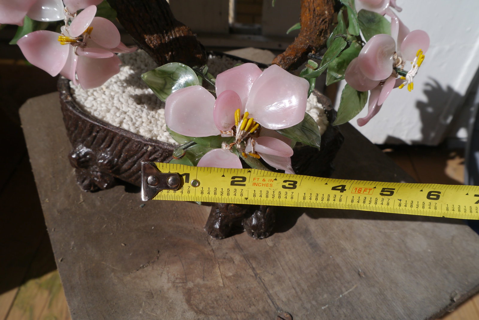 Vintage Asian Chinese Japanese Art Glass Agate Bonsai Tree Pot Flowers Jade Dogwood - 9