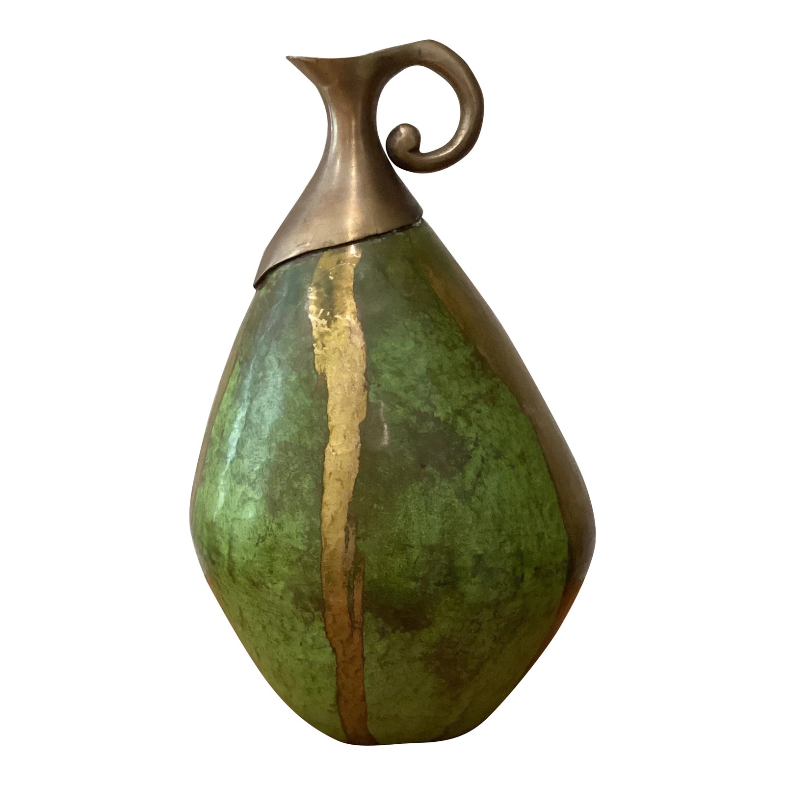 Mid 20th Century Brass Ornate Vase/Pitcher/Vessel Green Stained With Gold: Antique Elegant Brass Ornate Vase/Pitcher/Vessel Green Stained With Gold Lovely brass enameled vase, bright green in color with golden accents. The details are amazing and intricate. The brass is in