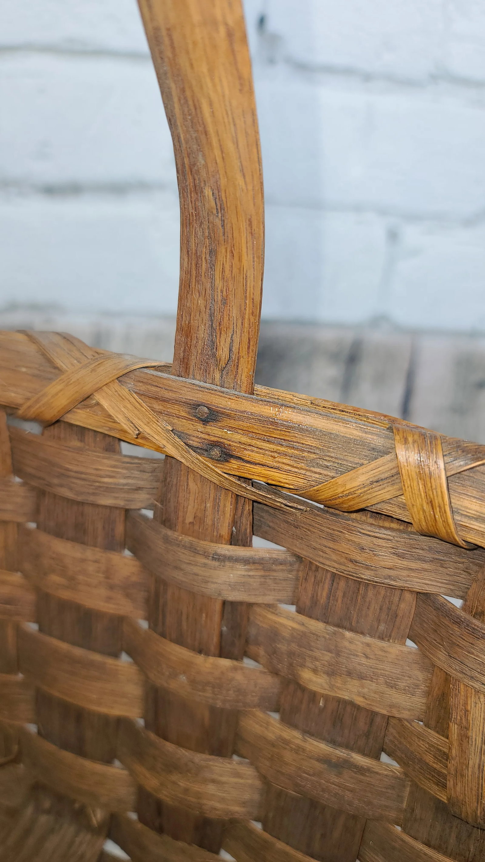 Early 20th Century Splint Weave Oak Bentwood Handle Gathering Basket - 11