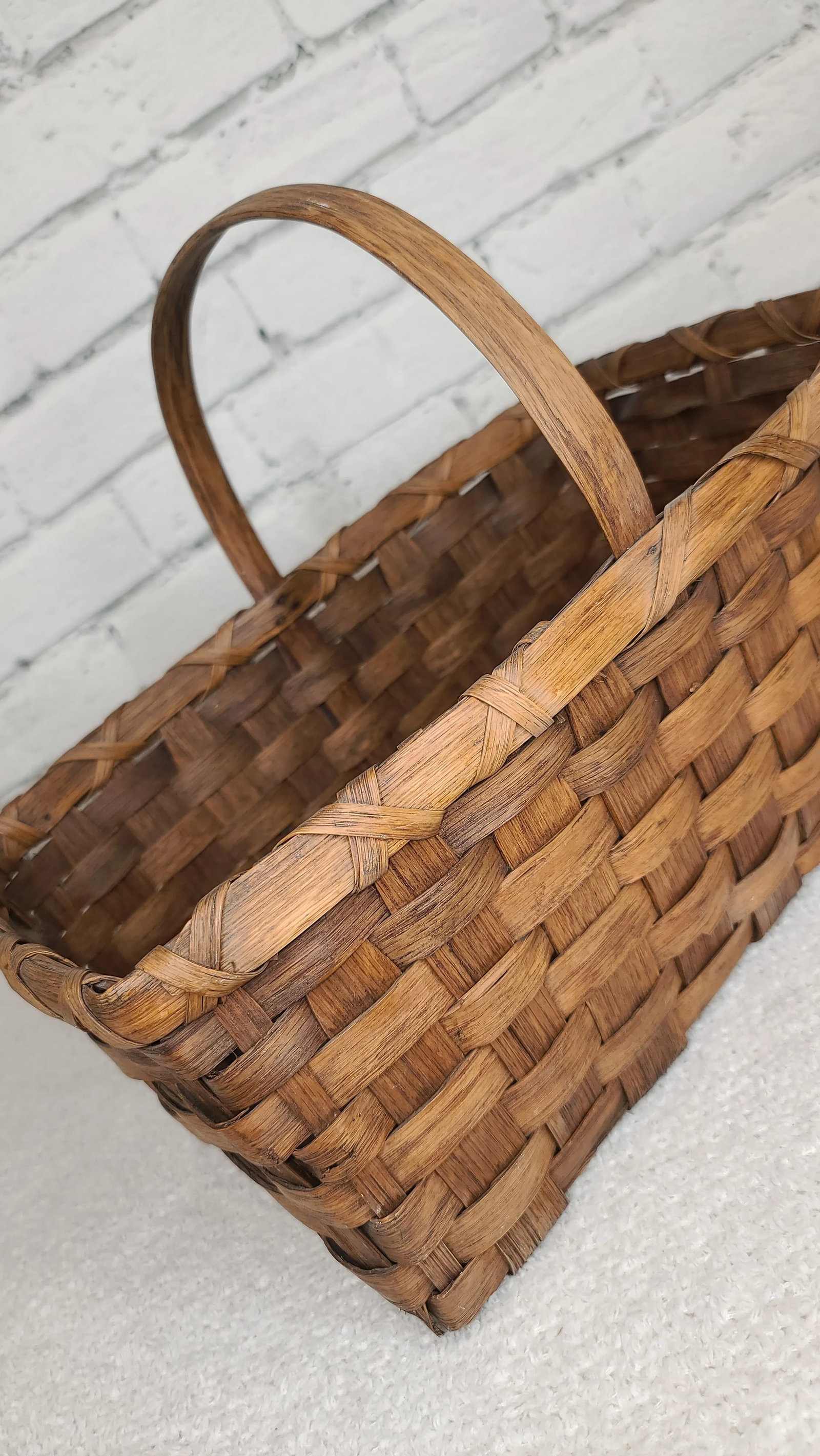 Early 20th Century Splint Weave Oak Bentwood Handle Gathering Basket - 12
