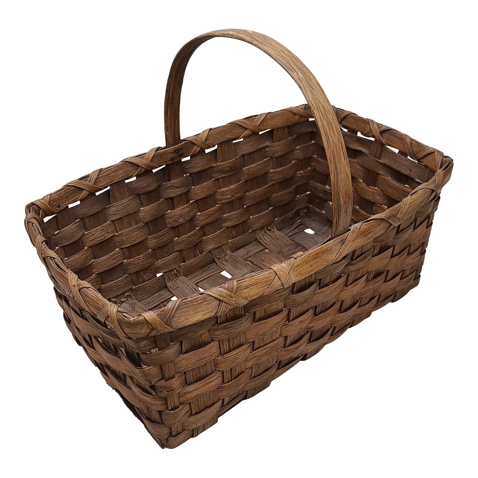 Early 20th Century Splint Weave Oak Bentwood Handle Gathering Basket: Antique splint oak weave gathering basket. Bentwood handle. Gorgeous patina. Rich color, character, and beauty. Double edge wrapping. Minor imperfections, study shape with excellent build and