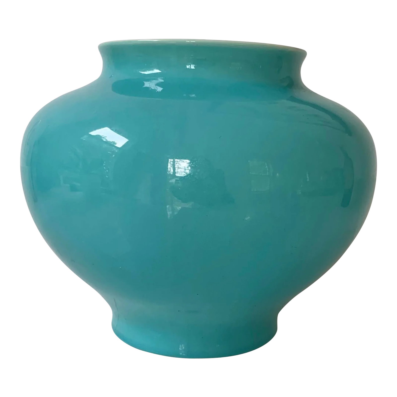 1942 Turquoise Franciscan "Angeleno Ware" Vase: Turquoise vase, c. 1942. Franciscan "Angeleno Ware." Condition: Alterations: Original Condition Unaltered Imperfections: Some Imperfections Condition Notes: Very minor discoloration on inside.