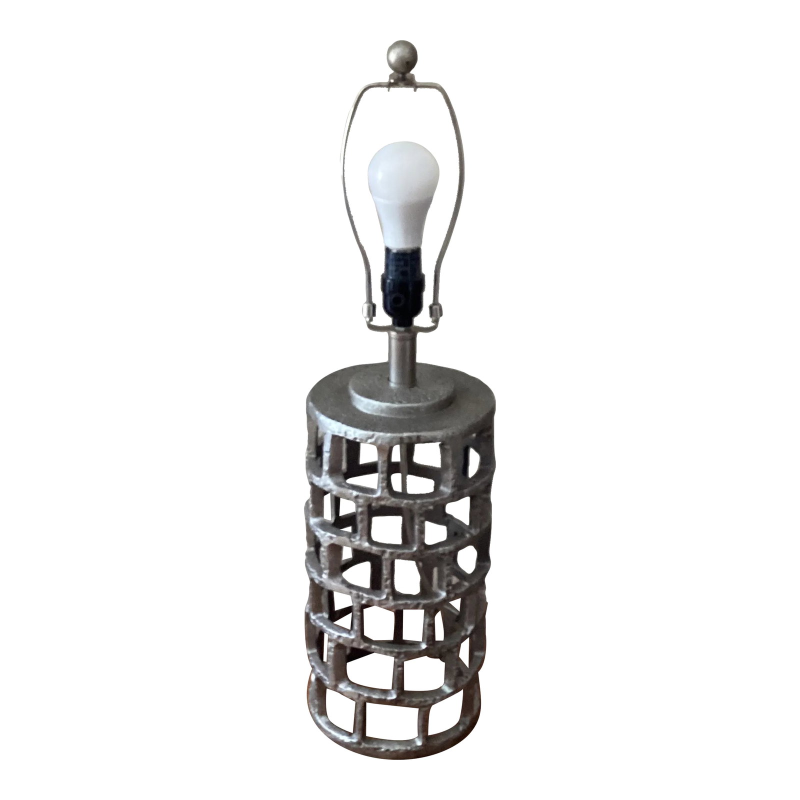 20th Century Modern Brutalist Style Cylinder Shape Iron Lamp Geometric Pattern: Brutalist Modern Style Cylinder Shape Iron Lamp Geometric Pattern Would bring an artistic addition in rooms both classic and contemporary, Condition: Alterations: Original Condition Unaltered Imperfec