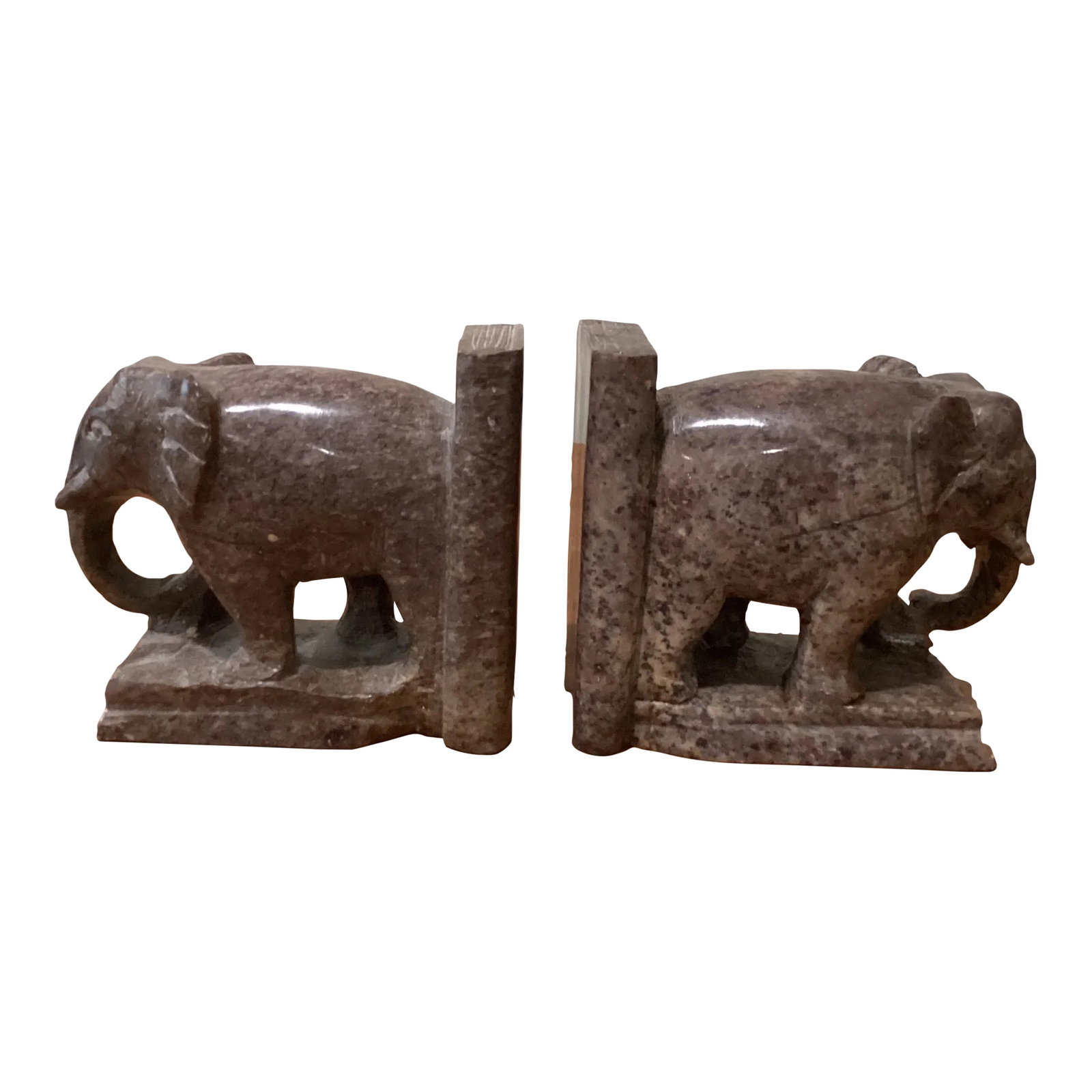 Pair of Hand Carved Elephant Marble Sculpture Bookends Art Deco Style Circa 1950: Nice vintage pair of hand crafted brown marble elephant bookends. These are hand carved and therefore not completely identical, "In Feng shui, the symbol of the elephant can bring energies of beauty,