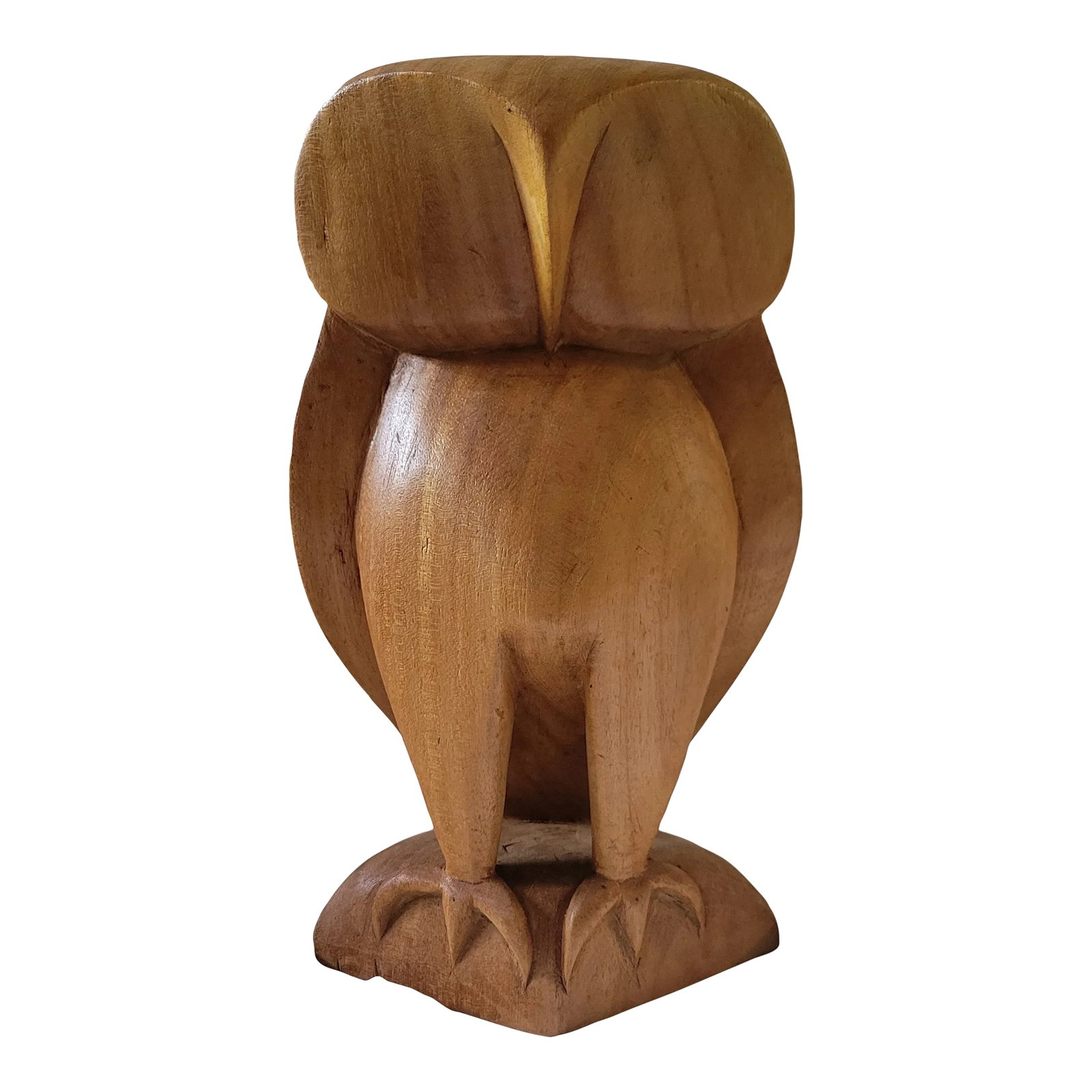 1980s Modernist Carved Wooden Owl Figure: Nice modernist owl figure. Hand carved out of wood, maybe pine or maple. Has a satin finish to it. Stands 12" tall and 7" wide. No markings, nice craftsman piece. Obtained from an old williamburg
