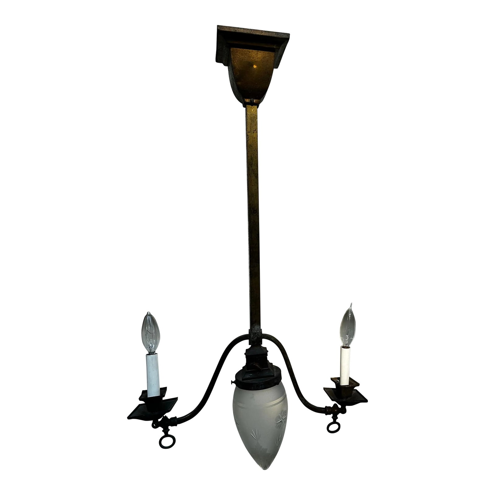 1910s Brass Gas Electric Chandelier With Vintage Shade: Old Lights On is pleased to offer this vintage brass gas electric fixture with vintage gas shade. It is restored and ready to install. We ship everywhere. Follow us here for more great lighting.