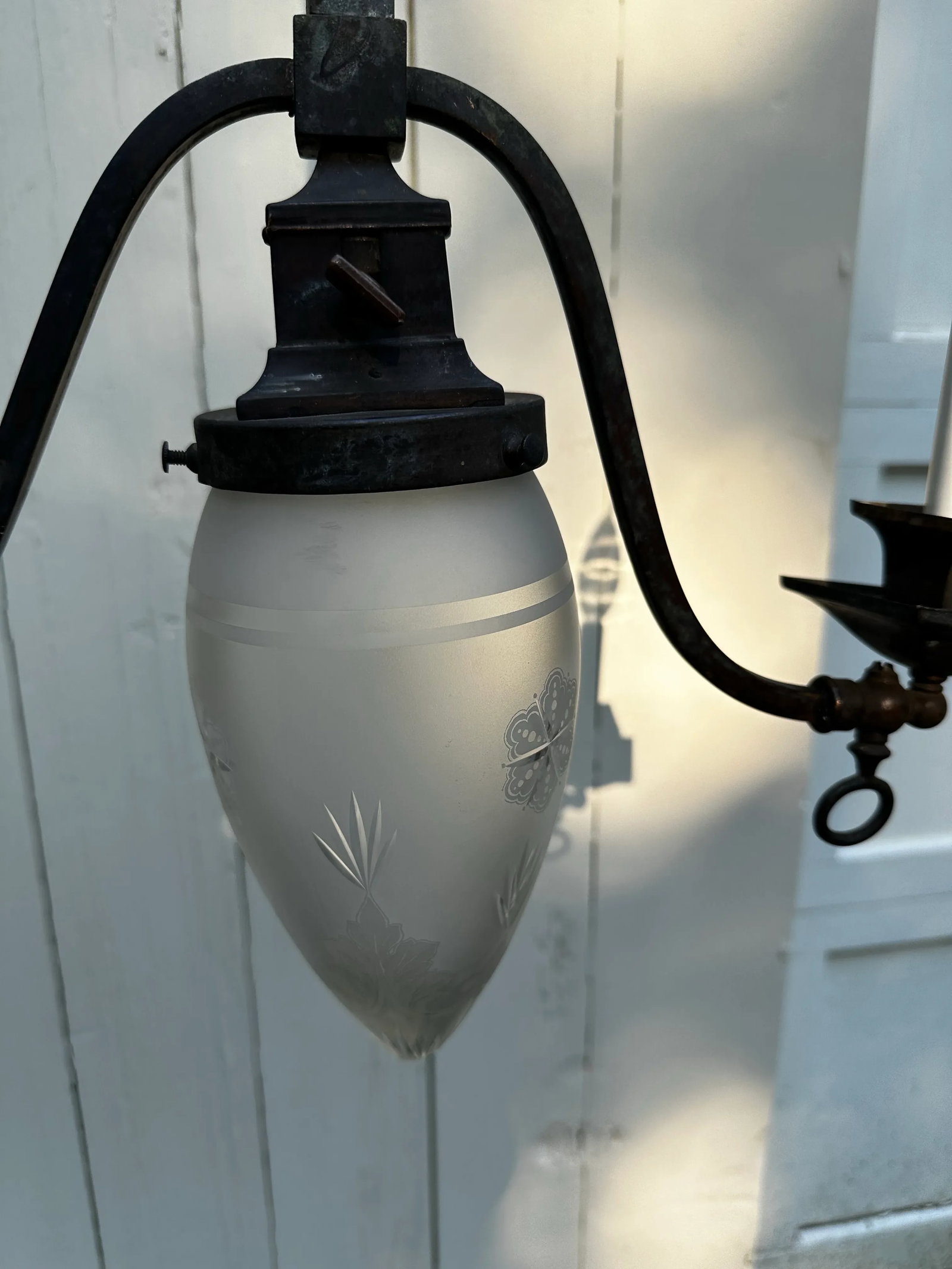1910s Brass Gas Electric Chandelier With Vintage Shade - 2