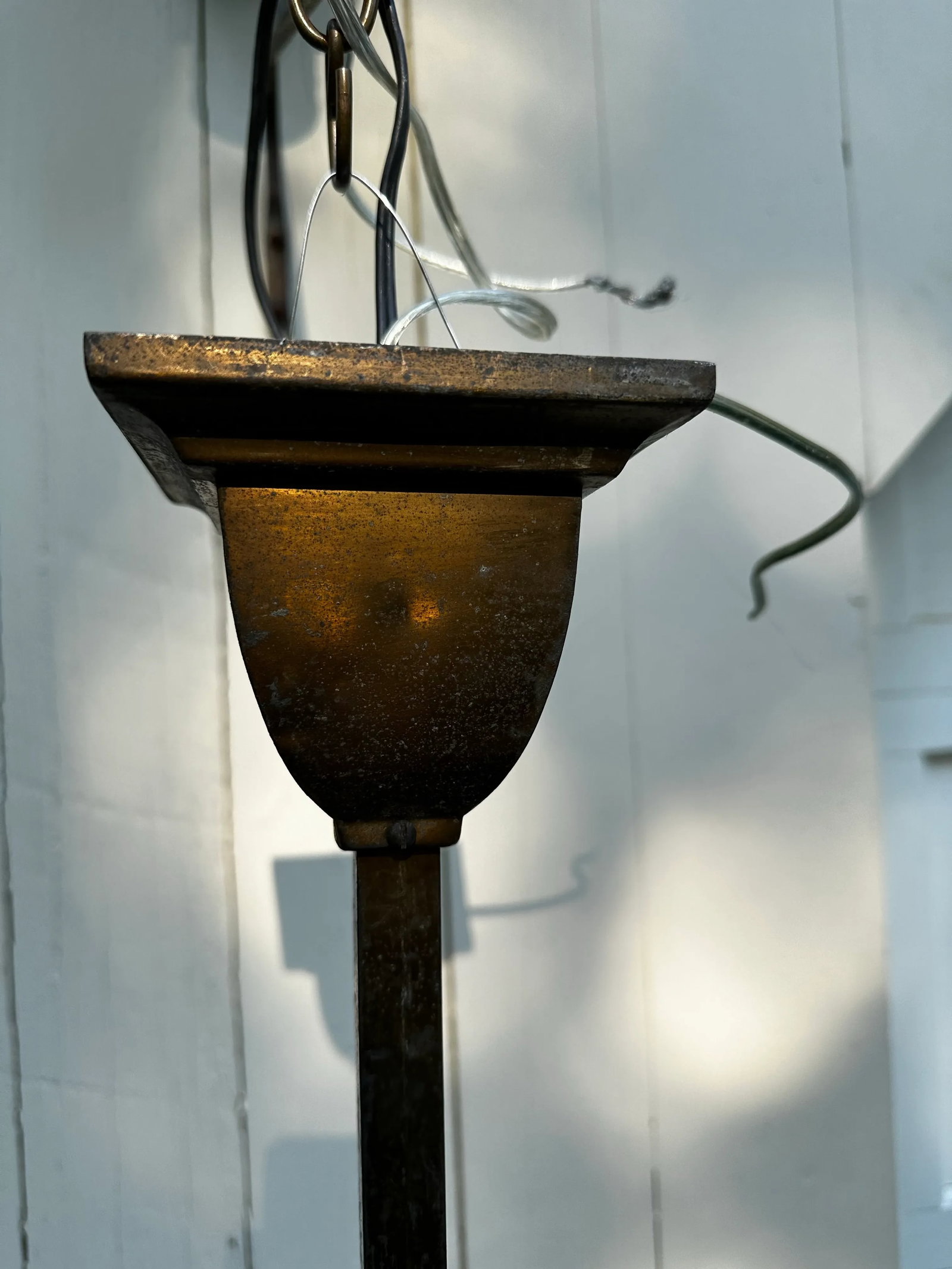 1910s Brass Gas Electric Chandelier With Vintage Shade - 3