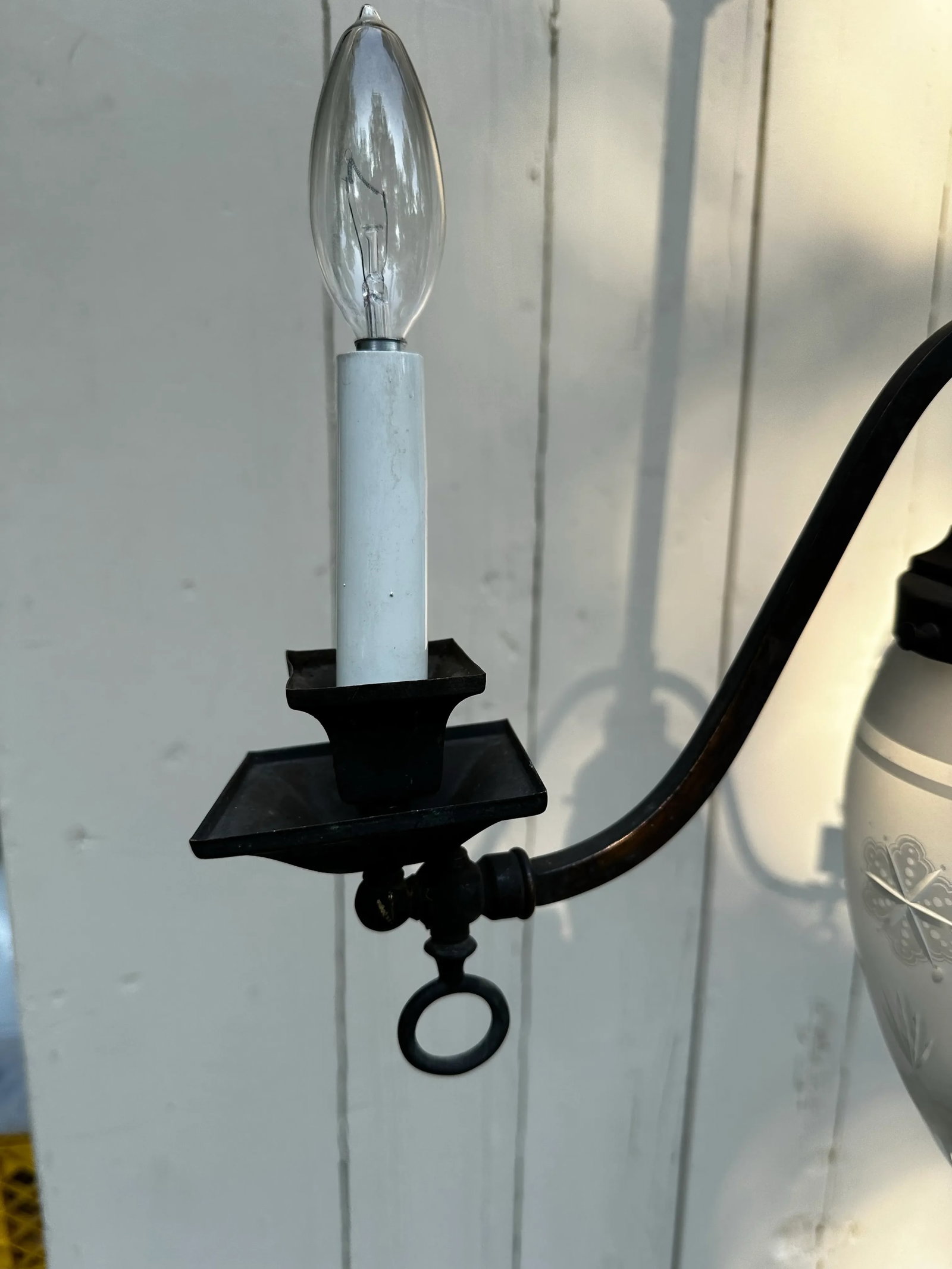 1910s Brass Gas Electric Chandelier With Vintage Shade - 4