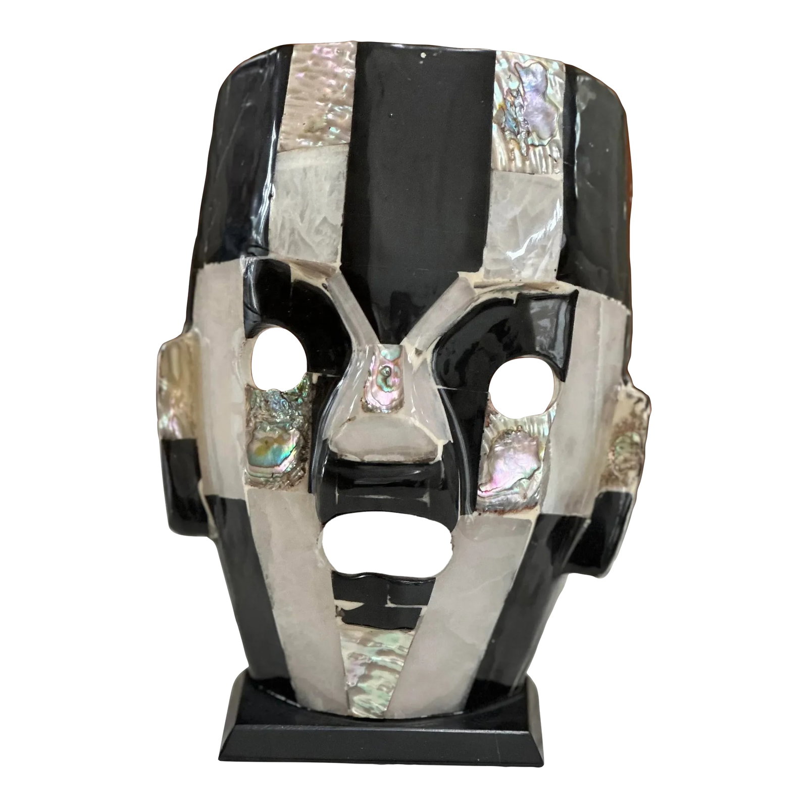 1970s Vintage Los Castillo Mexicana Stone Tribute Mask: 1970's handmade multi stone secrionalized mask hand crafted in Taxco, Guerrero, Mexico in the style of Los Castillo. It has sections of black and white onyx with beautiful abalone sea shell inlays.