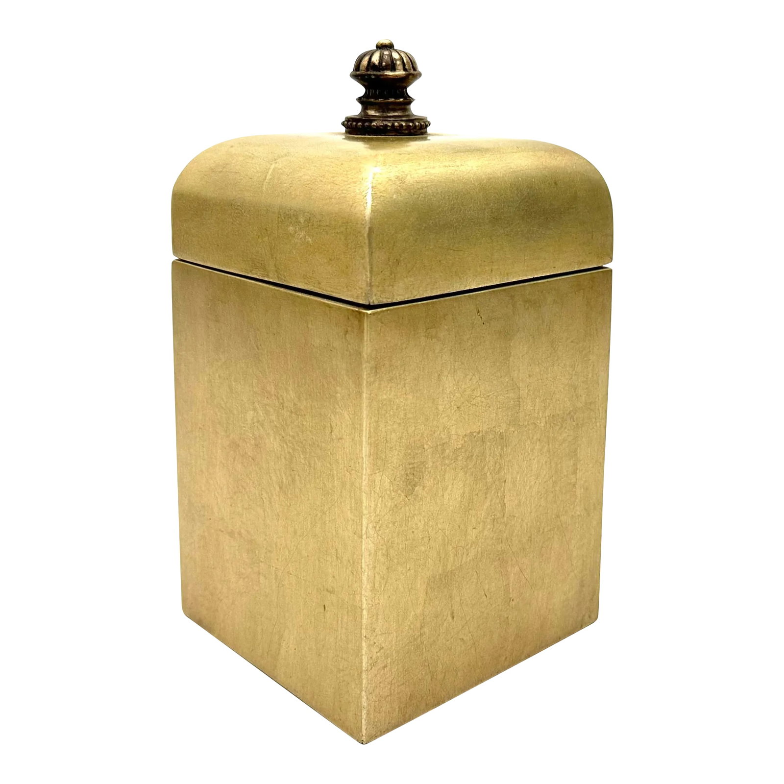 1980s Maitland Smith Gold Leaf Lacquer Box: This Maitland Smith box has a gold leaf under clear lacquer exterior with a black lacquer interior. It's a lovely accent piece that fits nicely into several interior design styles. The base is signed