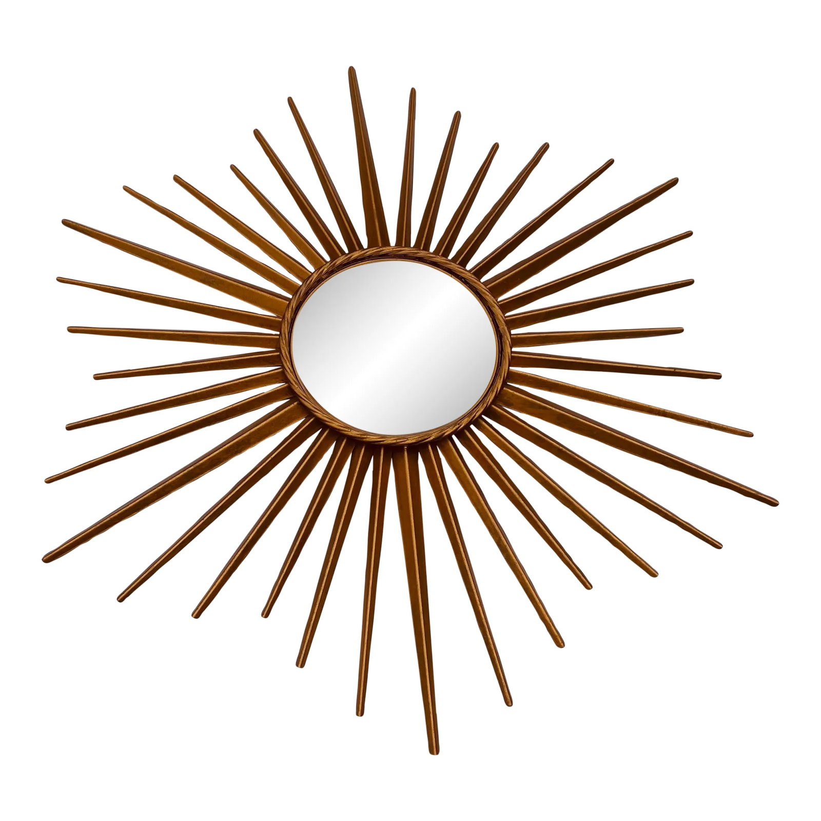 1990s Blazing Star Mirror in the Style of VallauraisFrance: This midcentury style mirror was originally created by Chaty Vallurais in the south of France This recreation was created in the 90's The mirror is convex and the finish is gold tone Condition:
