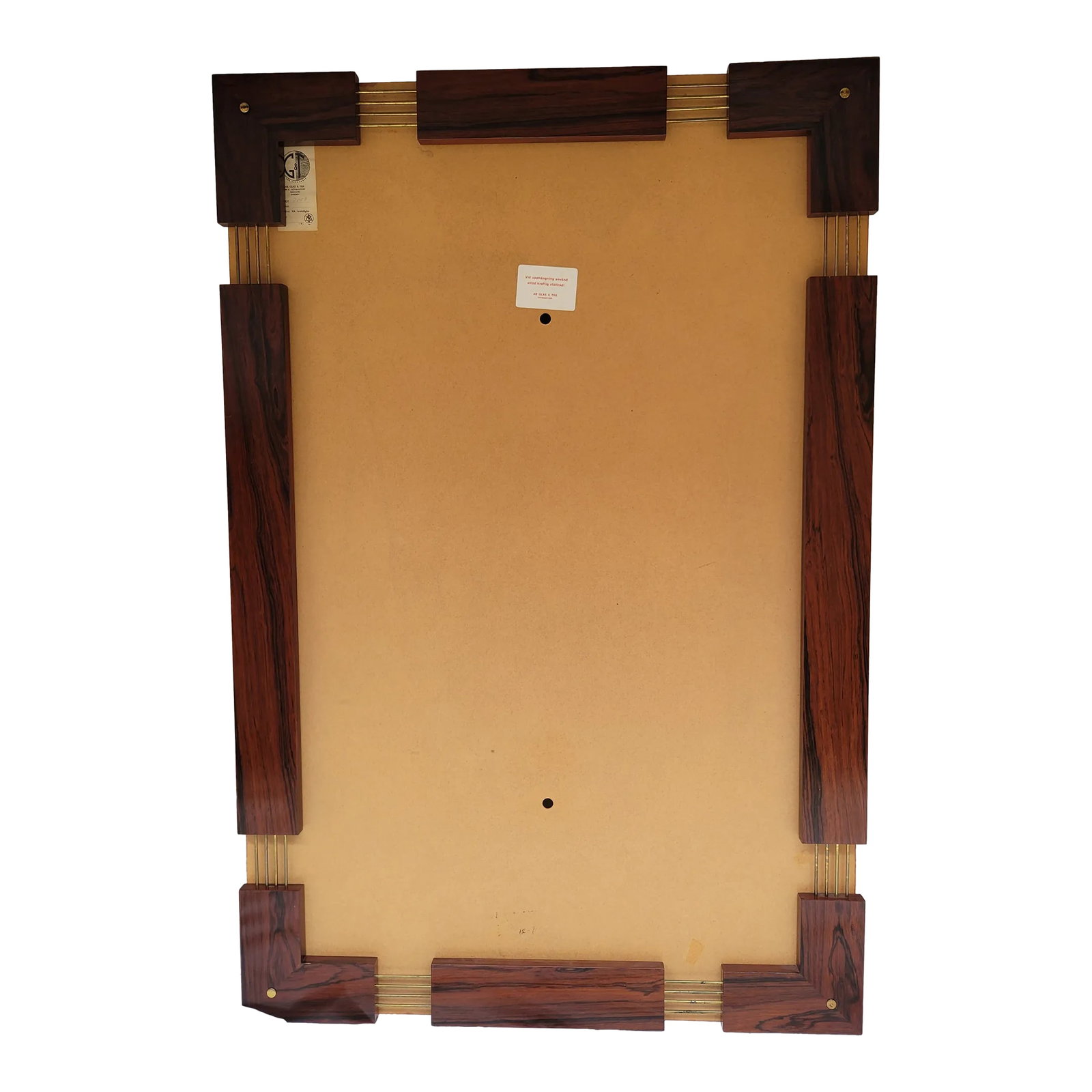 1950s Rosewood Mirror Frame by Glas & Tra, Hovmantorp, Sweden: Very Nice Scandinavian Mirror Frame by Glas & Tra, Hovmantorp, Sweden. Frame consists of rosewood with brass rod detailing. 4 brass cap screws secure the frame to backing. Meant to be mounted on the
