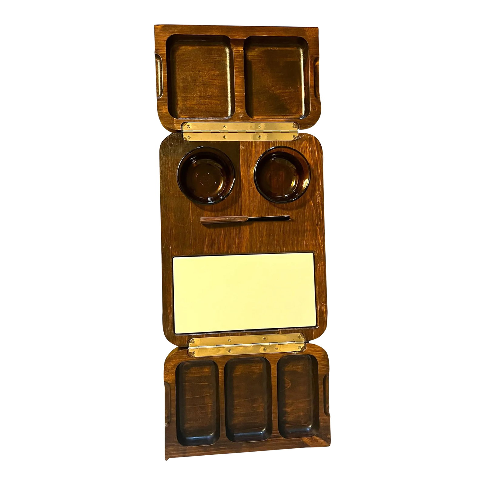 Mid-Century Snack Tray/Platter: Vintage Large Charcuterie Board . Cheese and Meat Serving Platter, Cutting Board - Housewarming Gifts for Couple. Solid Wood-Heavy. Made in the USA. Measurent: 11" W x 28" 5" L when it's open. 3" H x