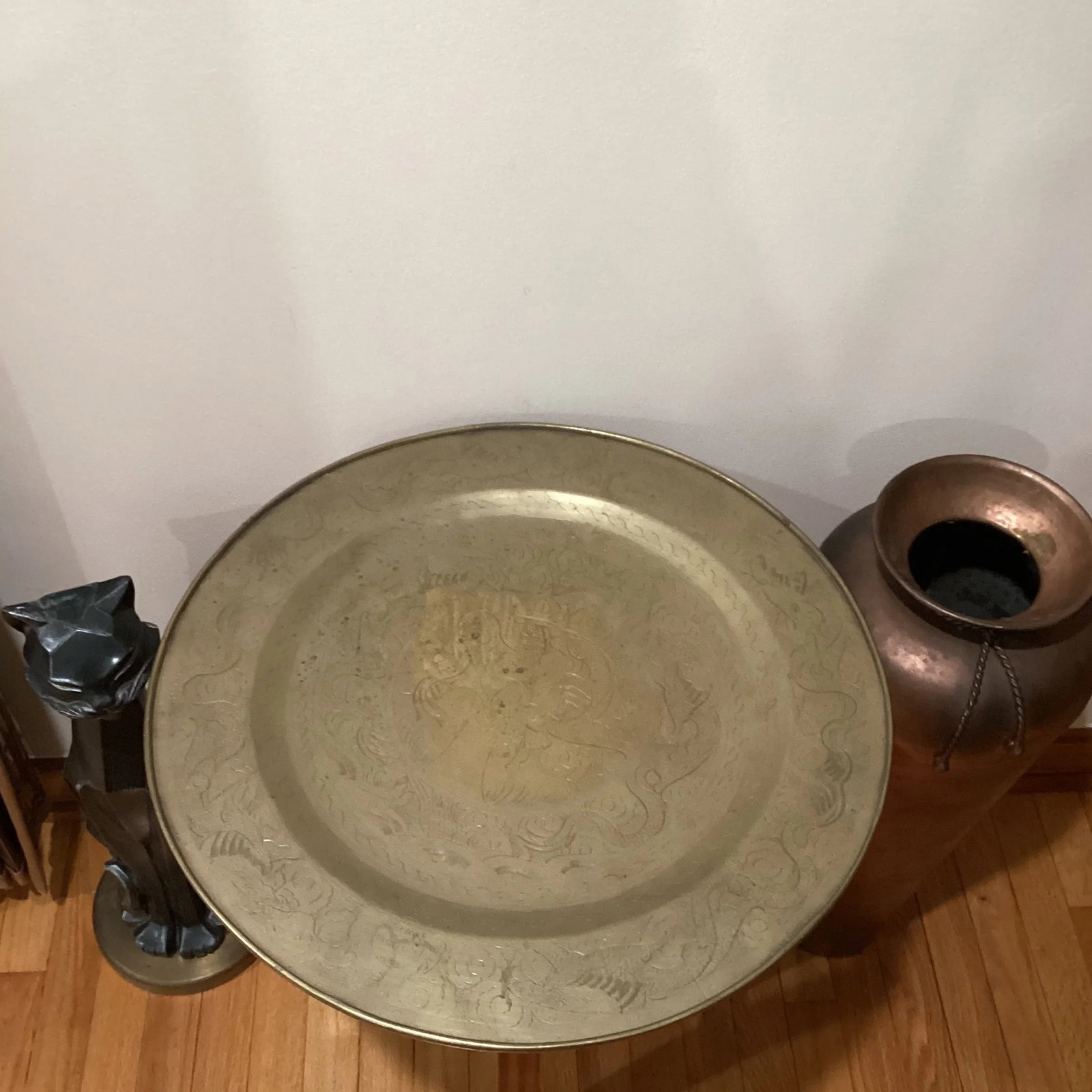 Antique Big & Heavy Chinese Etched Brass Tray Asian Motif - 10
