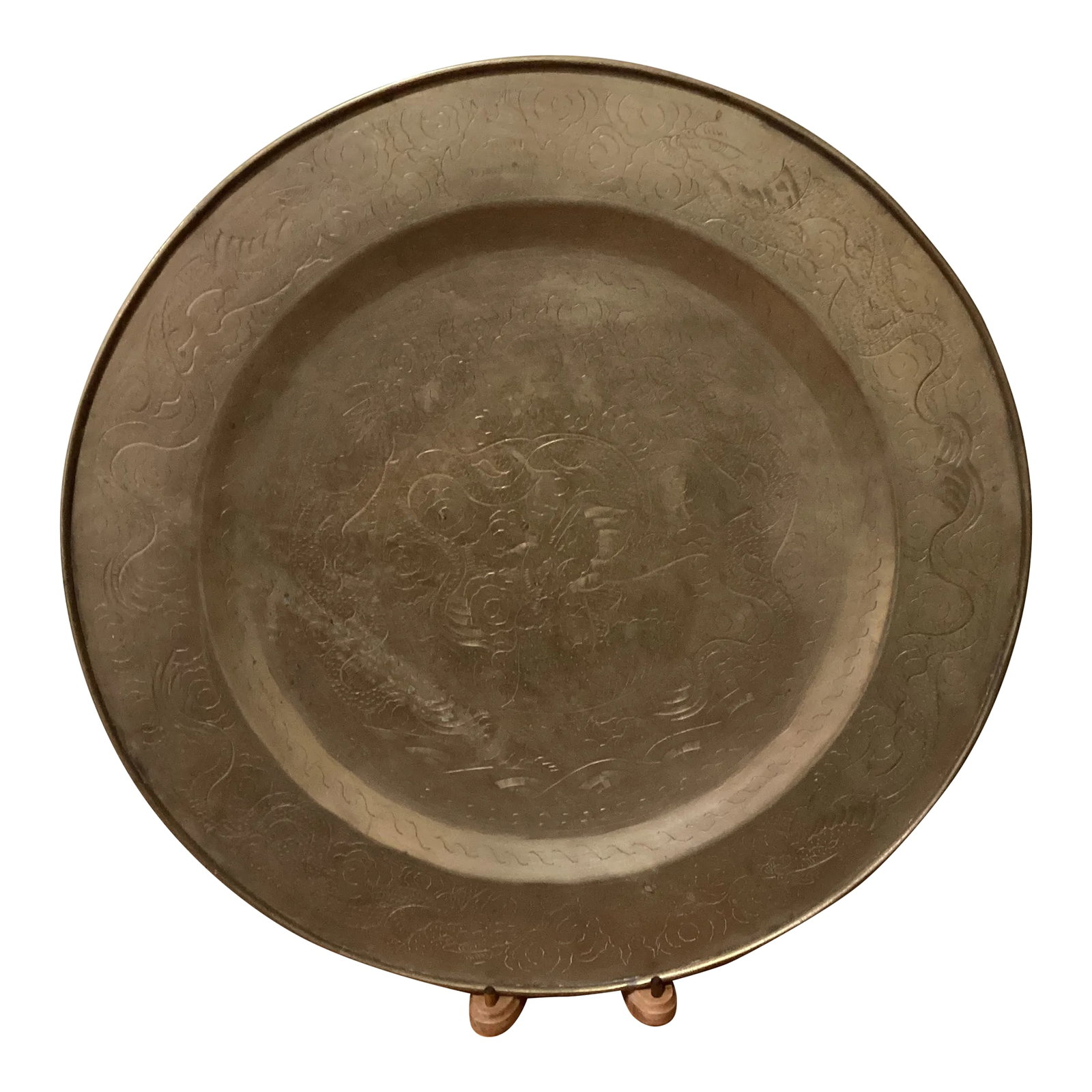 Antique Big & Heavy Chinese Etched Brass Tray Asian Motif: Antique highly crafted, engraved, and detailed Chinese tray. Constructed of solid brass with engraved with Asian design. Condition: Alterations: Original Condition Unaltered Imperfections: Some Imperf