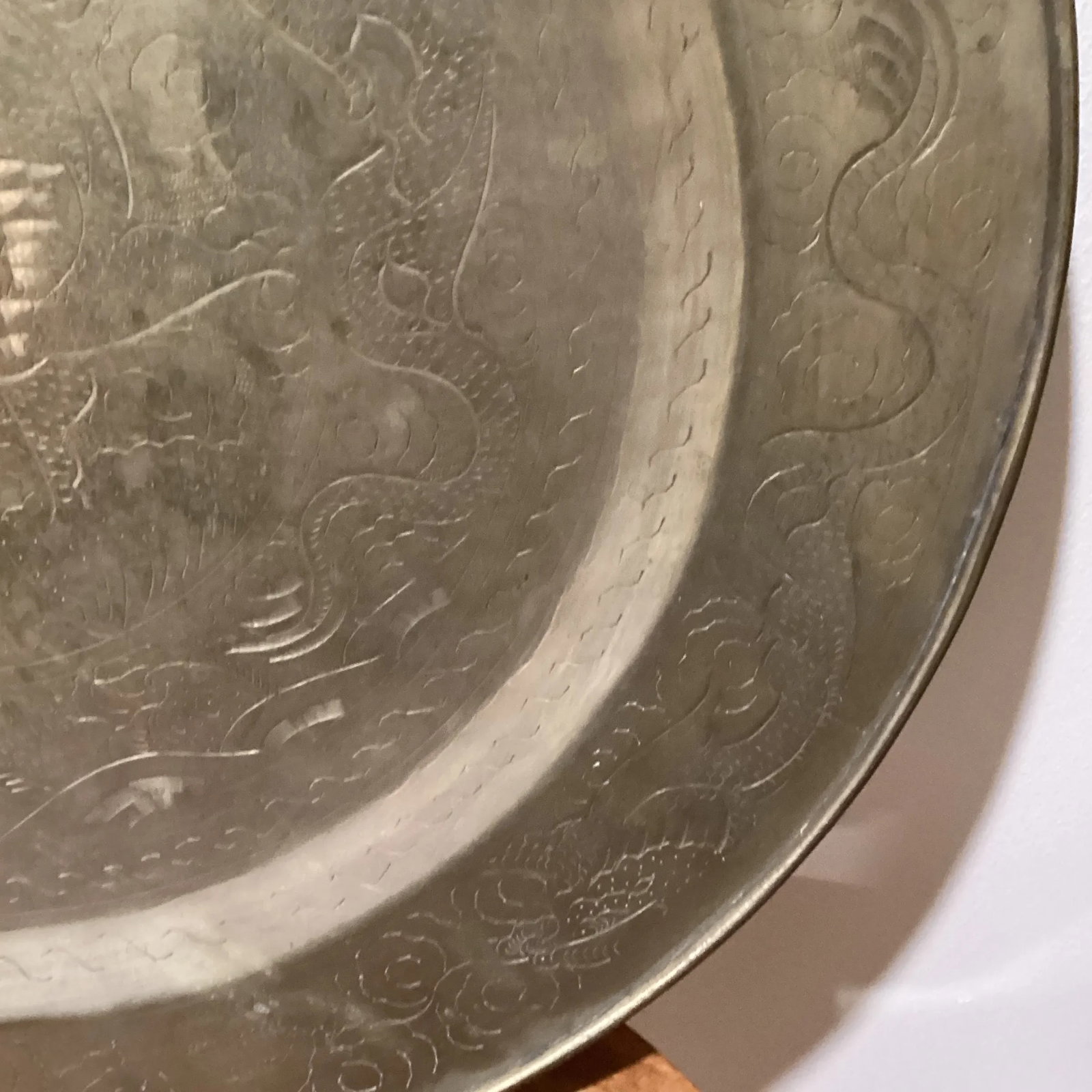 Antique Big & Heavy Chinese Etched Brass Tray Asian Motif - 5